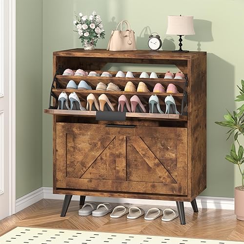 Miniatura 8 de Armario de almacenamiento de zapatos para entrada con 2 cajones abatibles, organizador de almacenamiento de zapatos de granja con patas de metal,