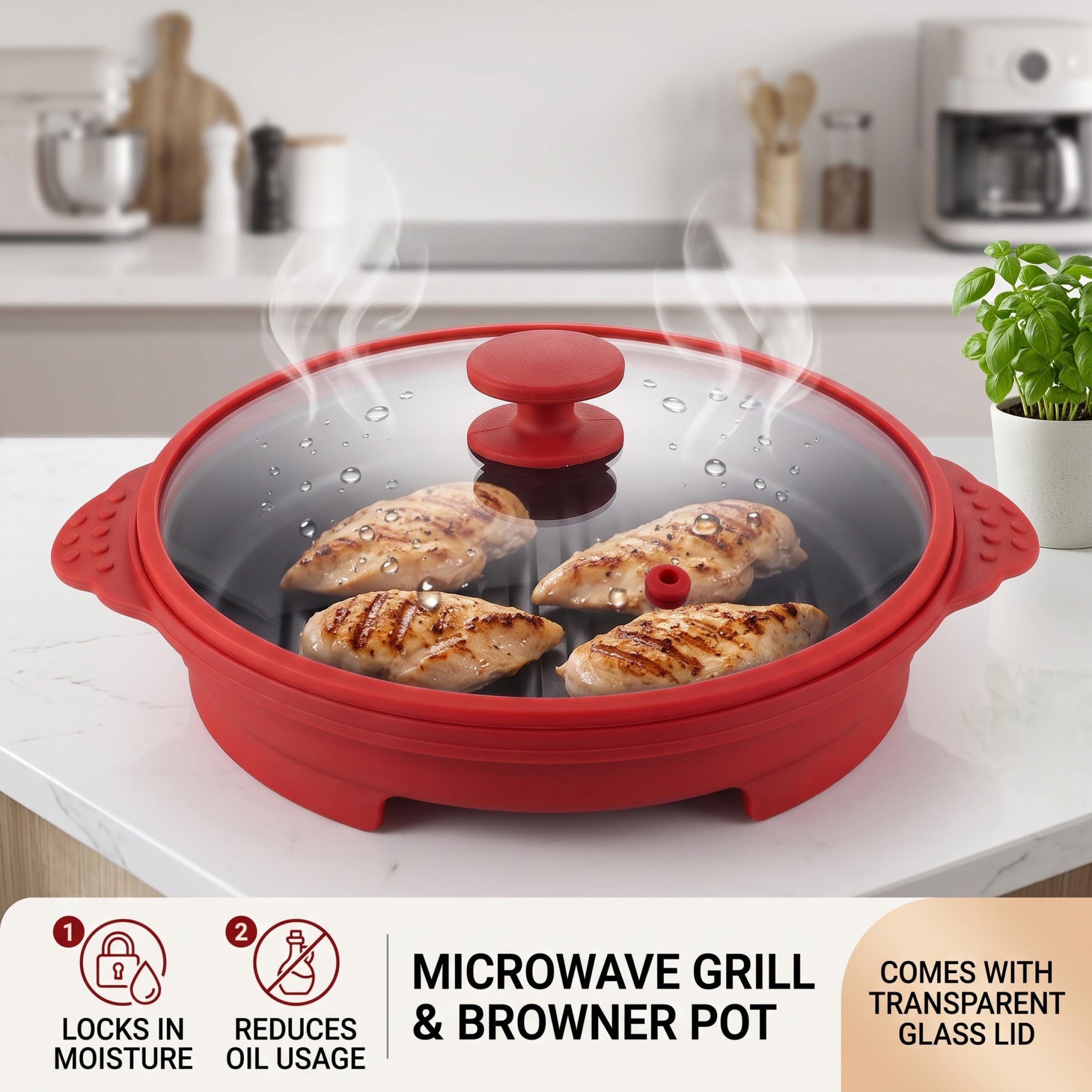 Teglia per microonde con coperchio, pentola per pancetta a microonde - Silicone alimentare, vassoio di cottura multi-ingrediente, rosso