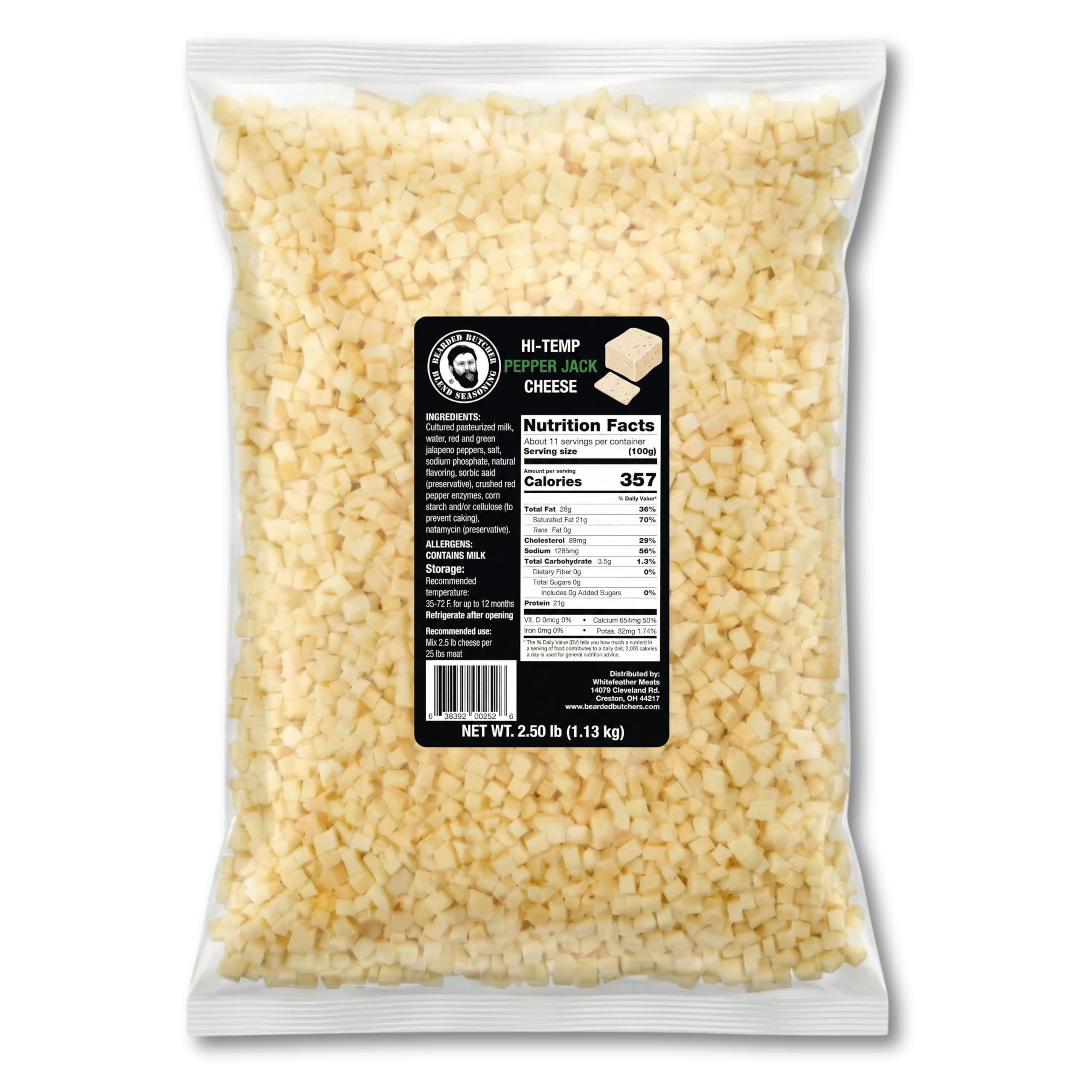 Bearded Butchers High-Temp Pepper Jack Cheese 2.5 lbs – Shelf-Stable 1/4" Cubes for Up to 25 lbs of Meat, 400°F High-Temperature Cheese – Ideal for Sausage Making, Brats, Snack Sticks, Burgers, and More