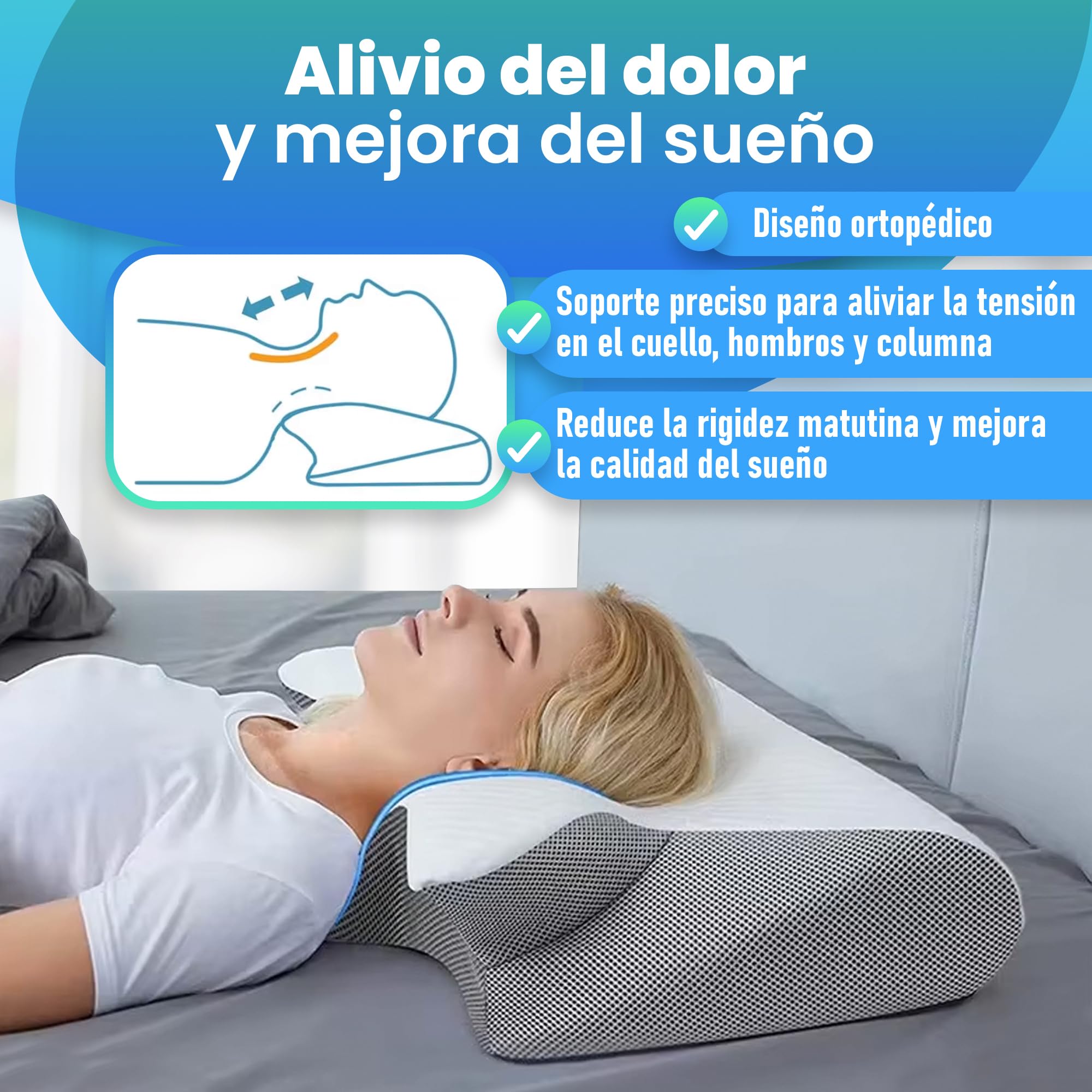 GreatDreams® Almohada Ortopedica Cervicales y Cuello - Almohada Antironquido Ergonómica con Espuma de Memoria - Butterfly Pillow para Dormir de Lado - Alivia Dolor de Cuello y Espalda.