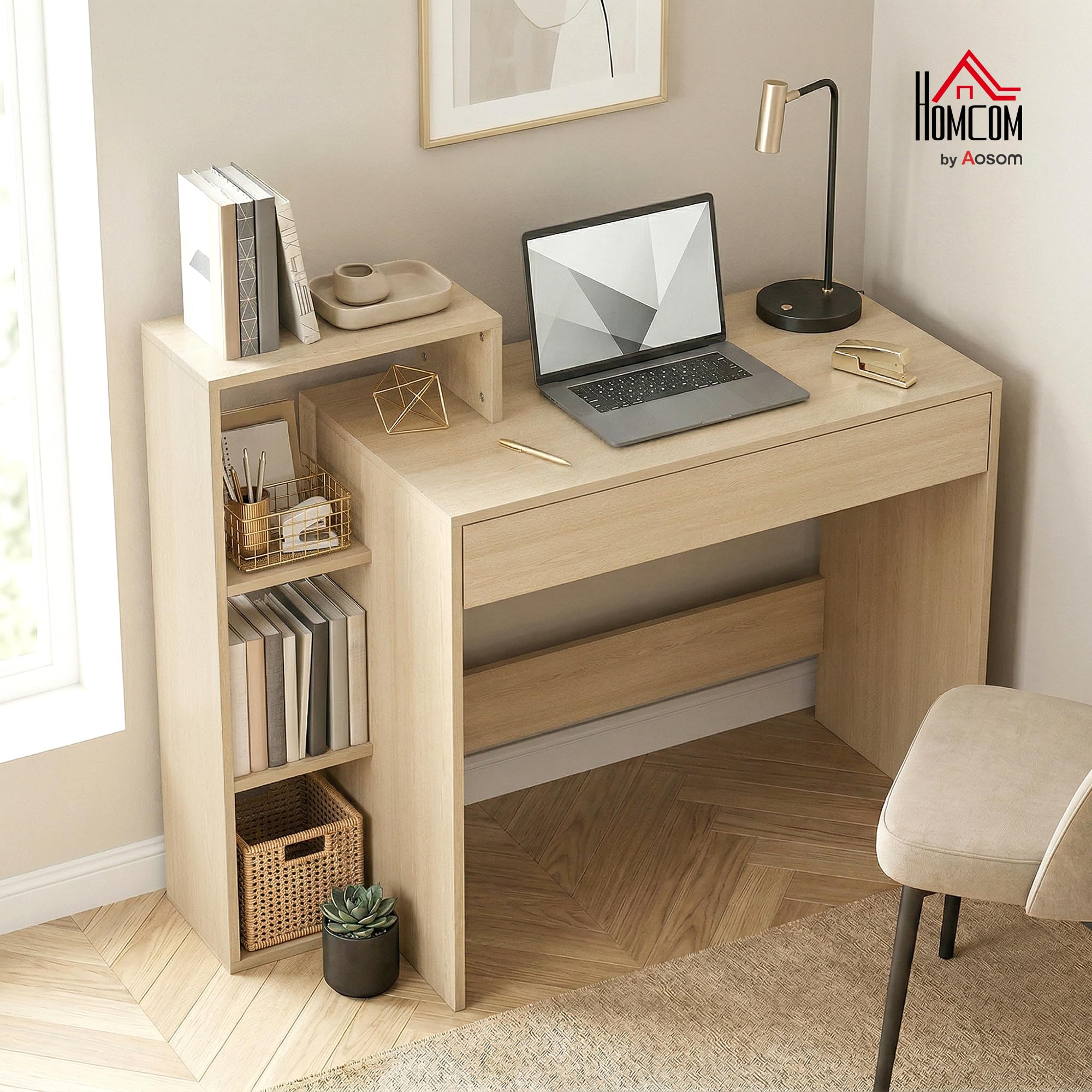 HOMCOM Escritorio PC con Almacenamiento, 100x40x90cm, Natural | con 3 estantes, cajón, estación de trabajo, Escritorio de computadora para teletrabajo, sala de estar