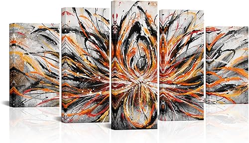 Miniatura 1 de sechars Lienzo abstracto grande de 5 piezas, arte de pared vintage de flores de loto naranja, impresiones de arte zen para el hogar, oficina, sala