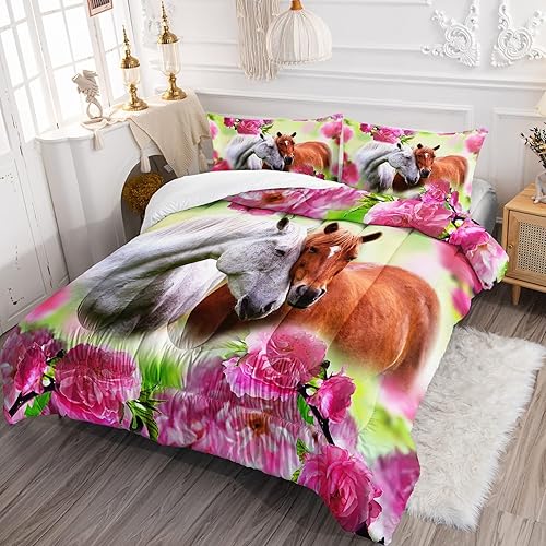 Miniatura 2 de BSNTHO Juego de ropa de cama de caballo para niños ropa de cama de flores rosas juego de edredón floral para niñas adolescentes edredón estampado de