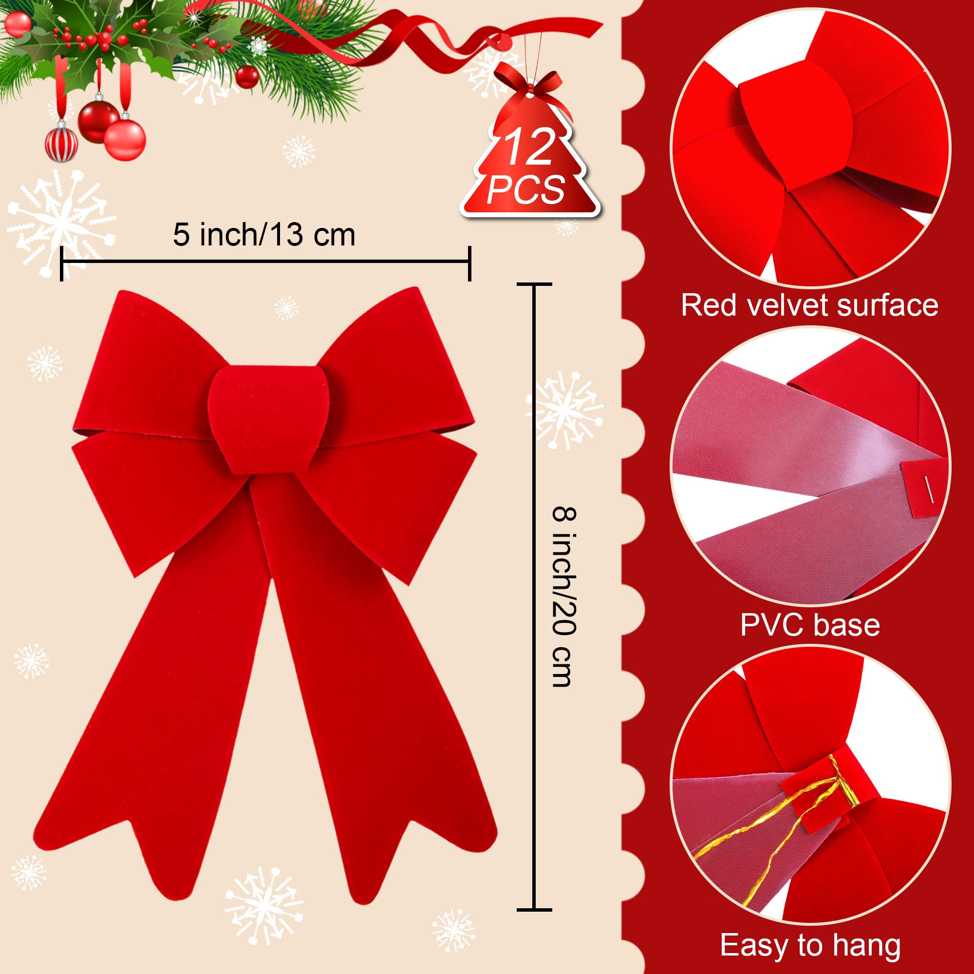 Aneco 12 Stück rote Weihnachtsschleifen für Kränze, 12 x 20 cm, Weihnachtsschleifen für Baum, Weihnachtsdekoration, Schleifen, Innen- und Außenbereich