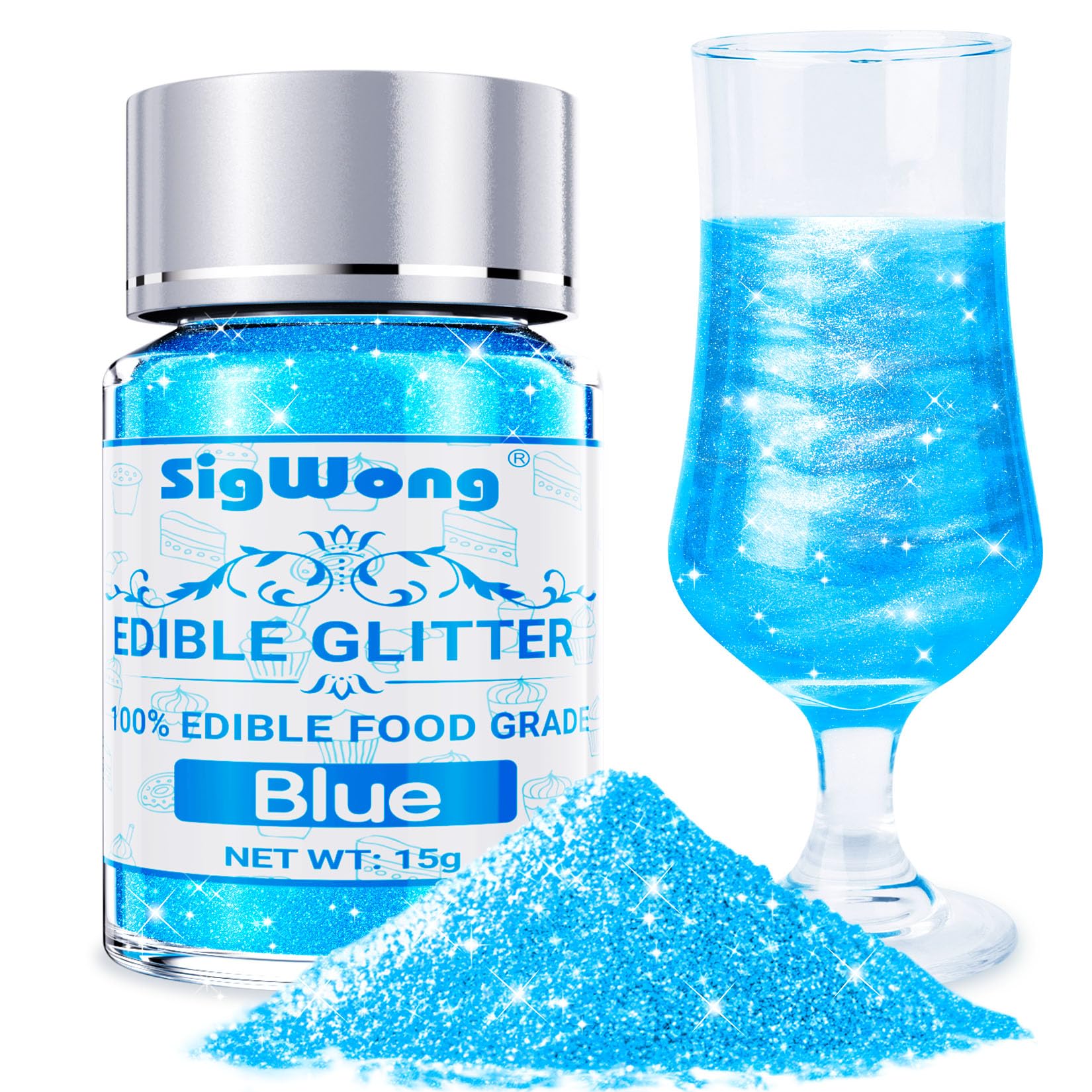 Blue Edible Glitter - 15g Food Grade Luster Dust Powder, Cake Decorating Sprinkle Glimmery Dust for Drinks, Wine, Fondant, Chocolate, Candy, Cookie, Vegan