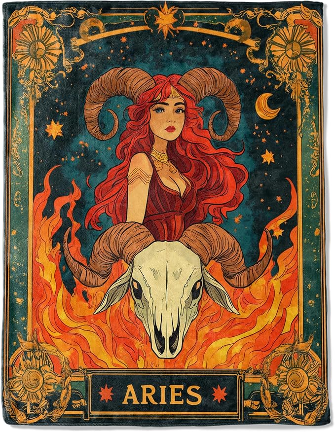 Aries Zodiac Fleece Blanket - Lightweight Soft Cozy Gifts Throw for Zodiac Lovers,Women,Men,Red-Haired Warrior Ram's Skull Tarot Blankets,Home Room Modern Artistic Bold Decor 50x60in