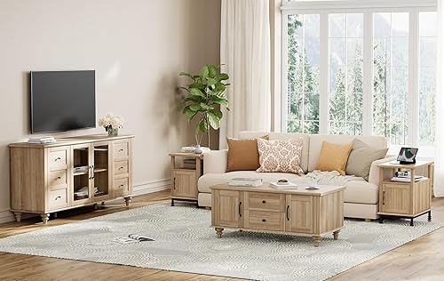 Miniatura 8 de WAMPAT Mesa auxiliar de roble con estación de carga, mesa auxiliar de sofá con armario de almacenamiento para sala de estar, mesita de noche de