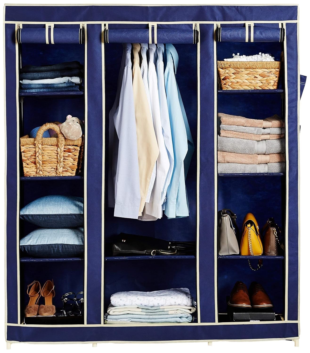 ZOSHOMI Multi Purpose Fabric Portable Foldable Wardrobe ; Almirah Collapsible Storage for Baby/Kids/Adult |with Pockets on Both-Side-Made in India (Blue; 170x140x45 Cm)