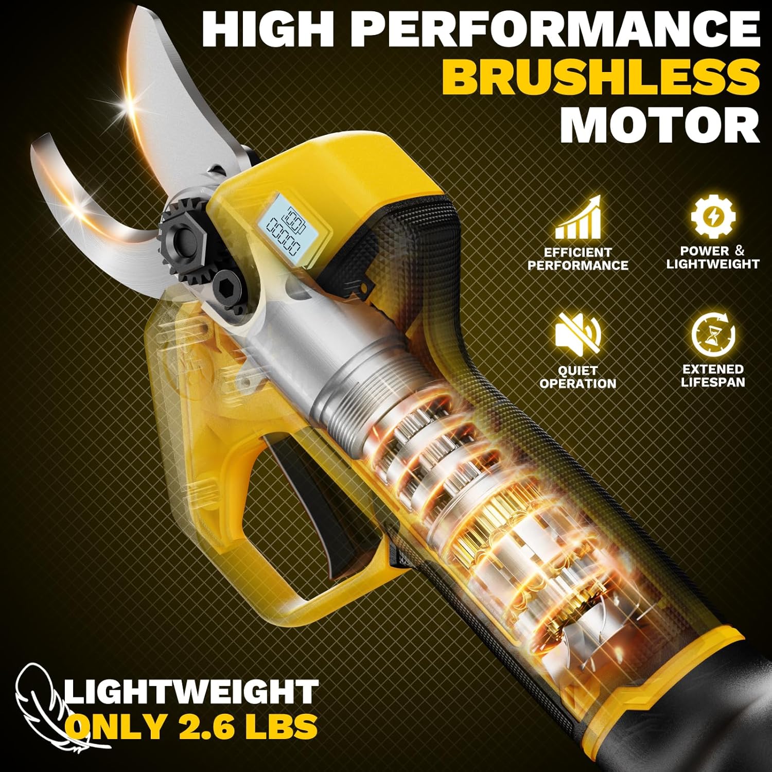 Brushless Electric Pruning Shears for DeWalt Battery, Portable Cordless Pruning Shears with LCD Display＆SK5 Blades, Adjustable Cutting Diameter 0.8-1.2 Inch for Gardening Tree Pruning(NO Battery)