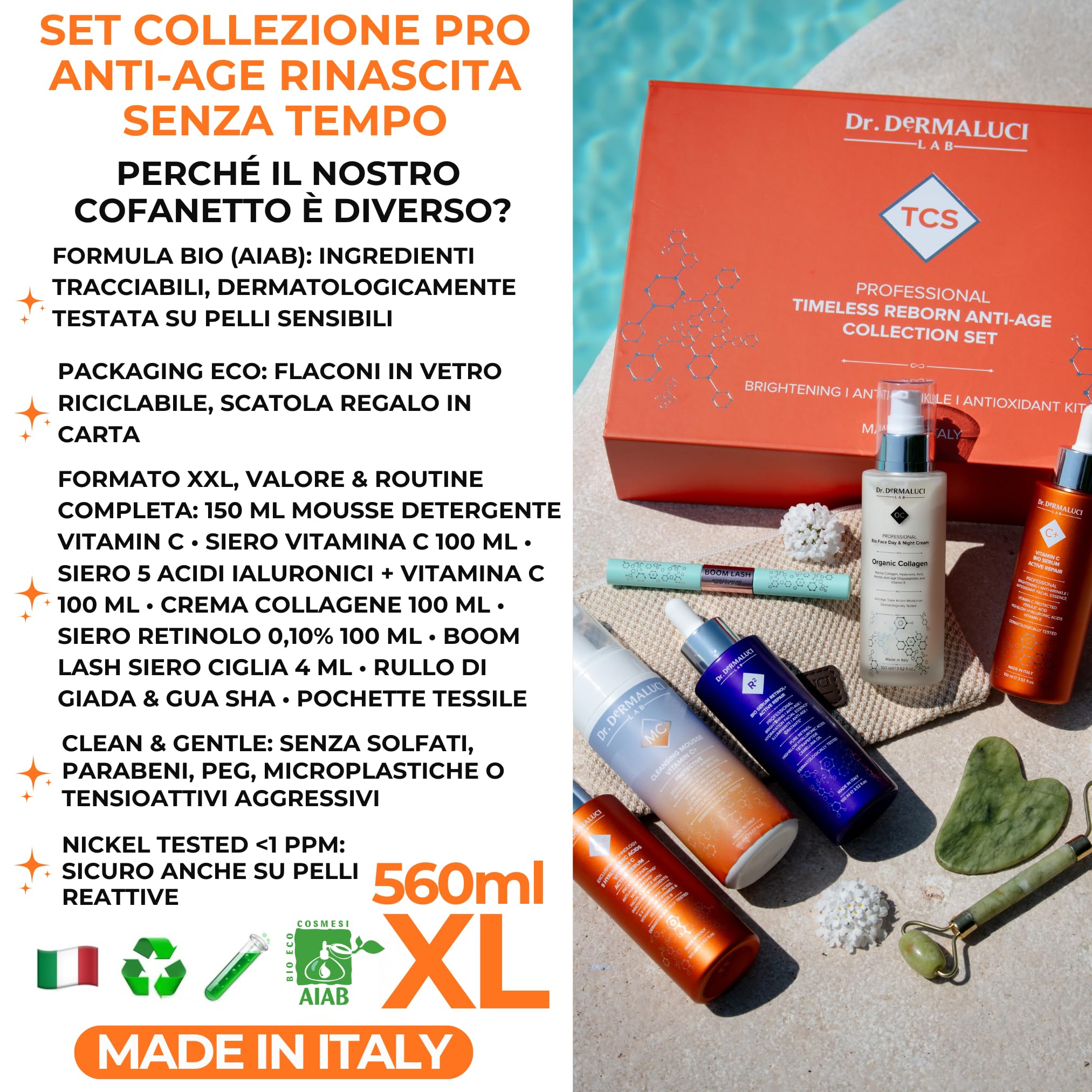 Dr. Dermaluci Lab Cofanetto BIO Anti-Età Pro 6 Pezzi - Mousse + Sieri Vit C + 5HA + Retinolo + Siero Ciglia + Crema Collagene - Gua Sha + Roller Jade + Borsa - AIAB, Nickel Tested, Made in Italy