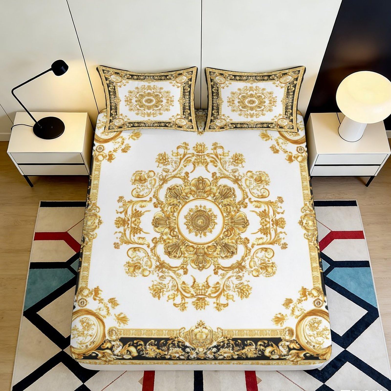3D Printed Baroque Floral Fitted Sheet Microfiber Soft Breathable Ornate Pattern Bed Cover for Bedroom Dormitory Guest Room Mattress Protection Decor 160x200x25cm