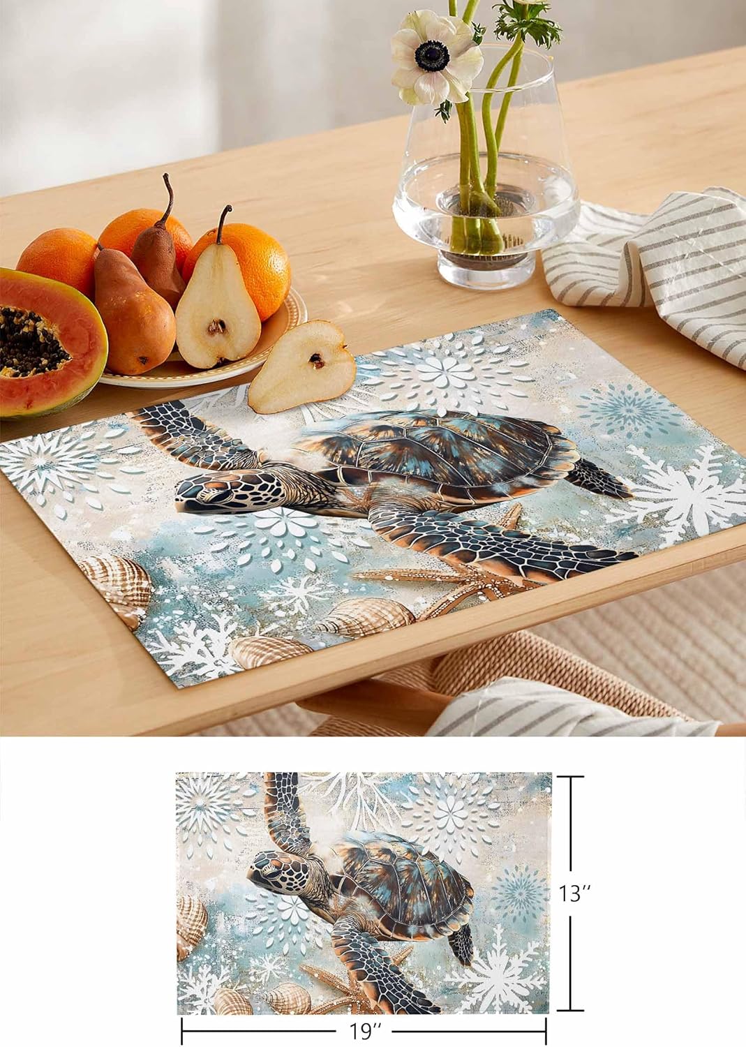 Retro Sea Turtle Placemats Set of 6 Nautical Starfish Summer Beach Boho Floral 13x19 Inch Washable Non Slip Linen Table Mats, Rustic Summer Placemats for Dining Table Party Kitchen Decor