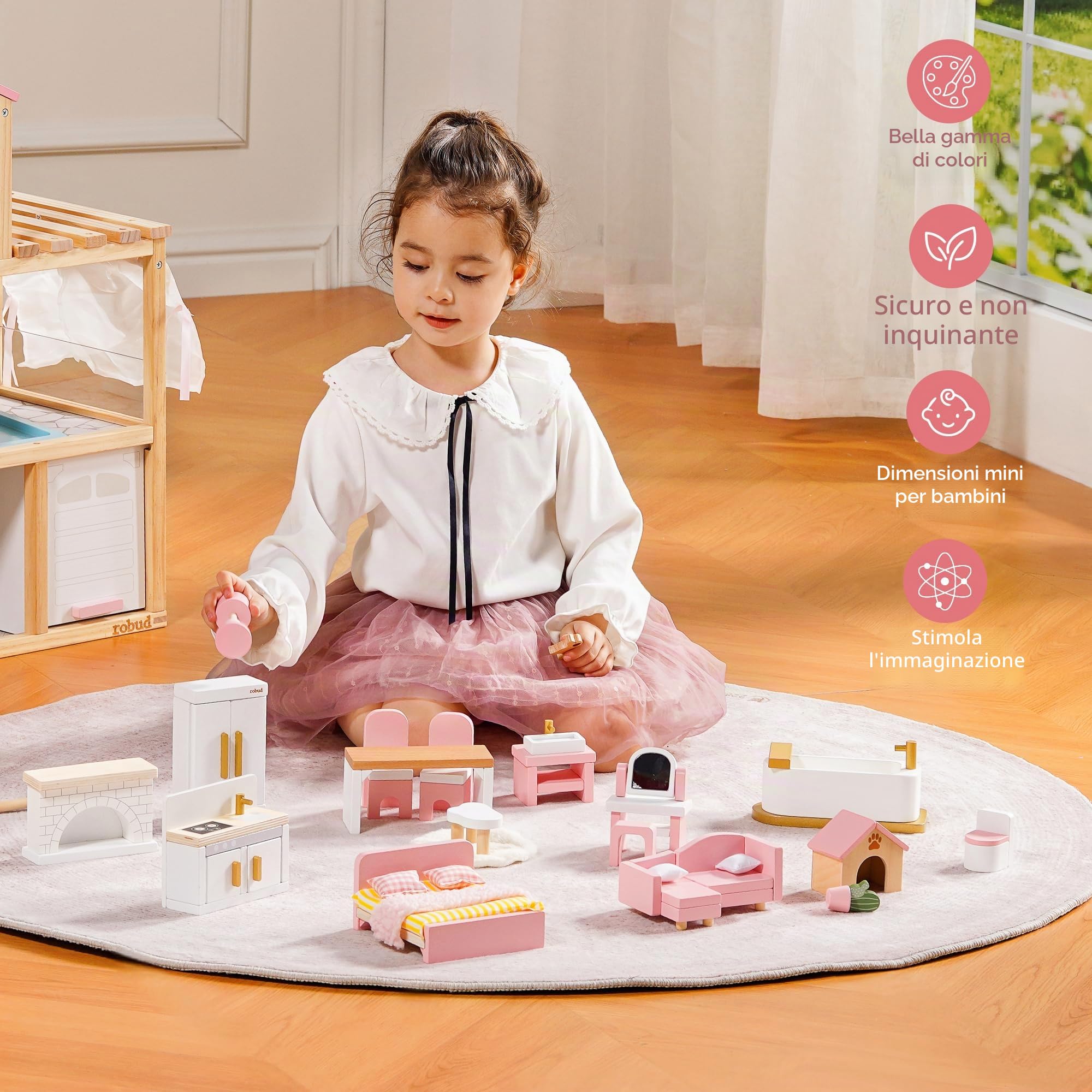 ROBUD Set di mobili per casa delle bambole in legno, 28 pezzi, accessori per mobili delle bambole, camera da letto, cucina, soggiorno, bagno, sala da pranzo, regalo rosa per bambini
