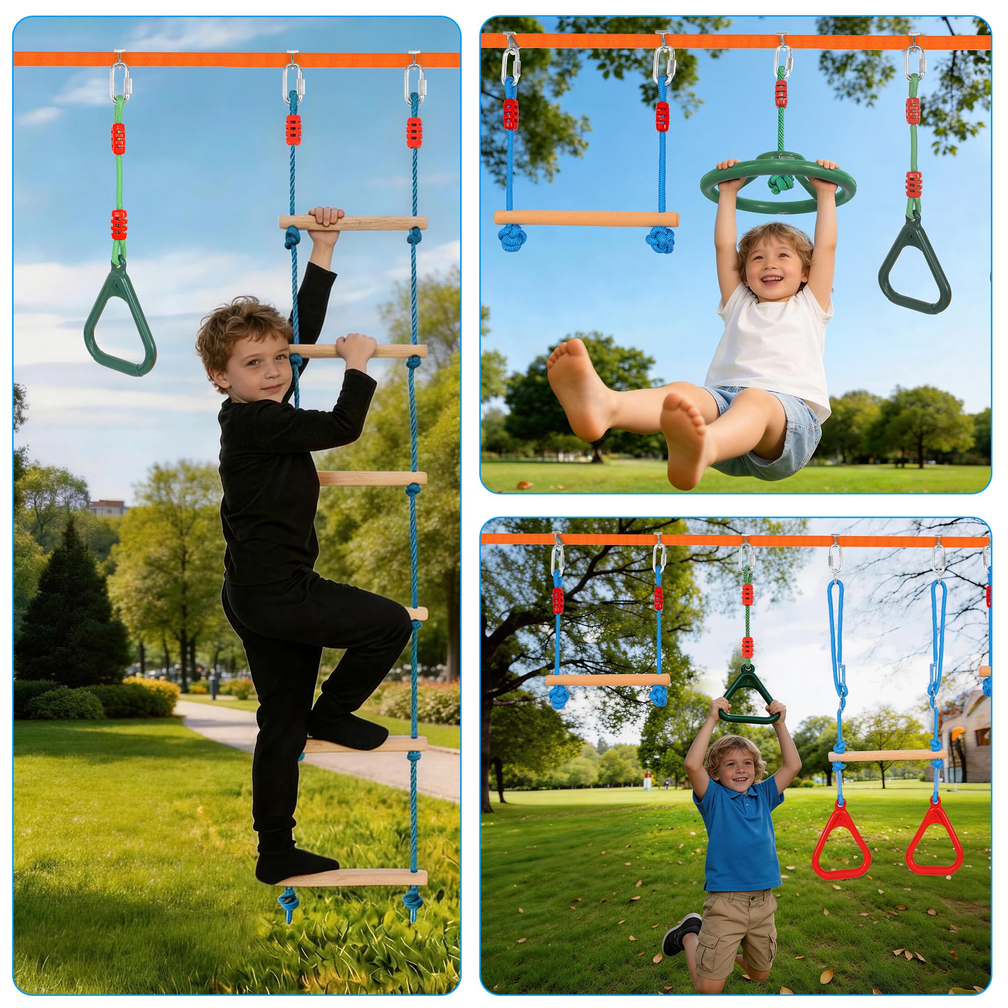 Slackline Kit pour Enfants, 15M Ninja Parcours d'obstacles pour Filles et Garçons, Comprend Échelles, Nœuds de Corde, Roues de Ninja, Anneaux de Suspension, Échelles d'escalade, etc