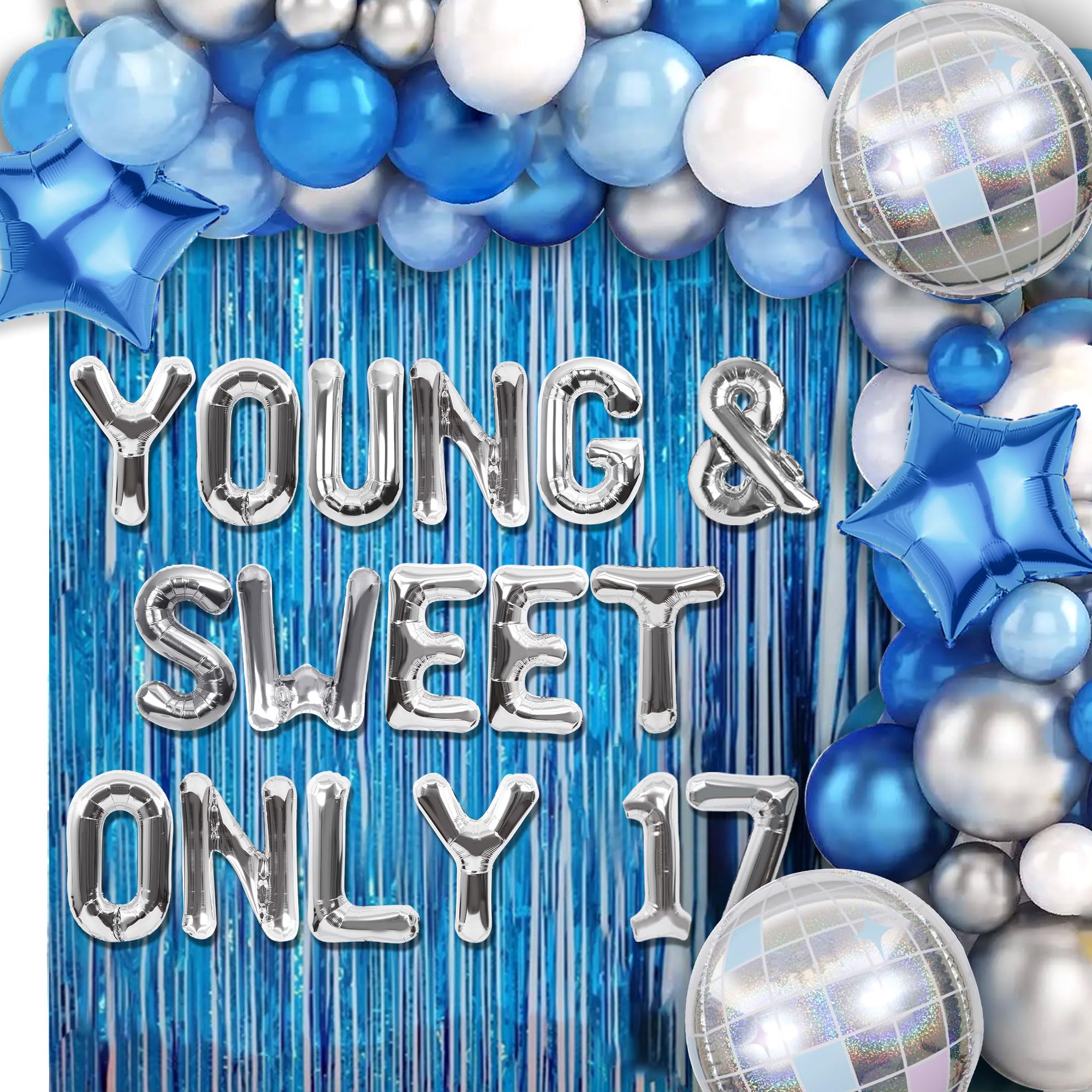 Set Decorazione Compleanno 17 Anni Young And Sweet - Palloncini, Striscione E Fascia