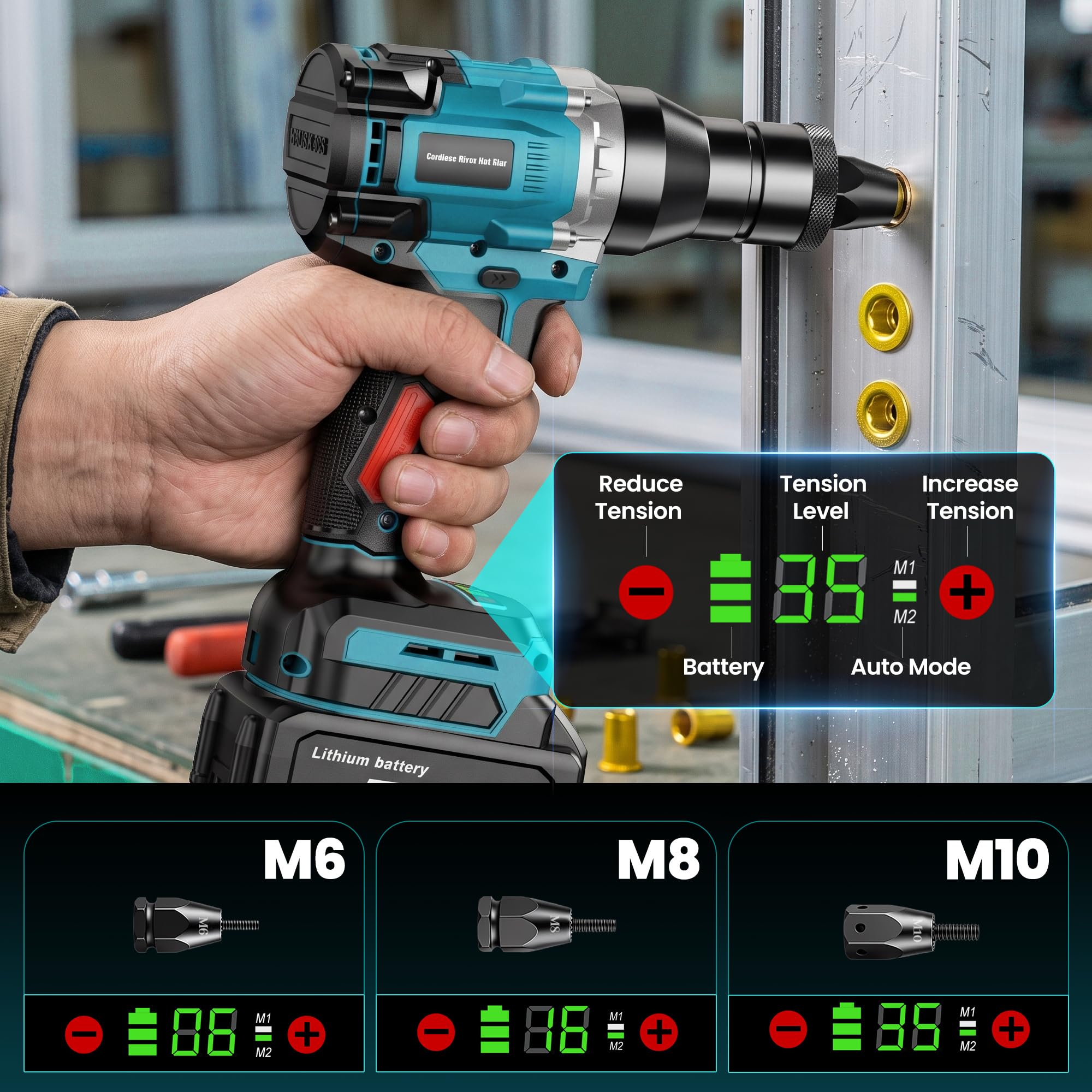 YEARTOP Herramienta de tuerca remache inalámbrica de 20 V, sin escobillas, pistola eléctrica profesional para M6 M8 M10, herramienta de remachado roscado con 2 baterías de 4.0 Ah, cargador estándar
