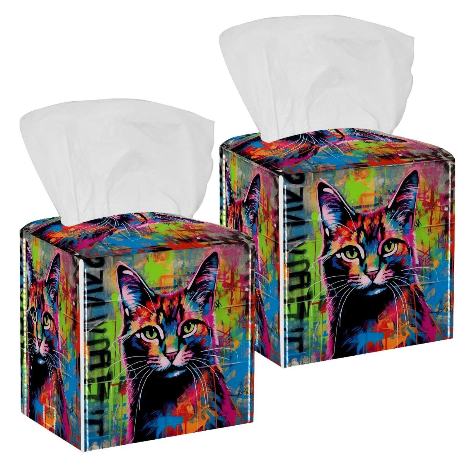Cat Graffiti Tissue Box Cover, 2 Pack PU Leather Square Facial Tissue Dispenser Box holder for Home Office Car