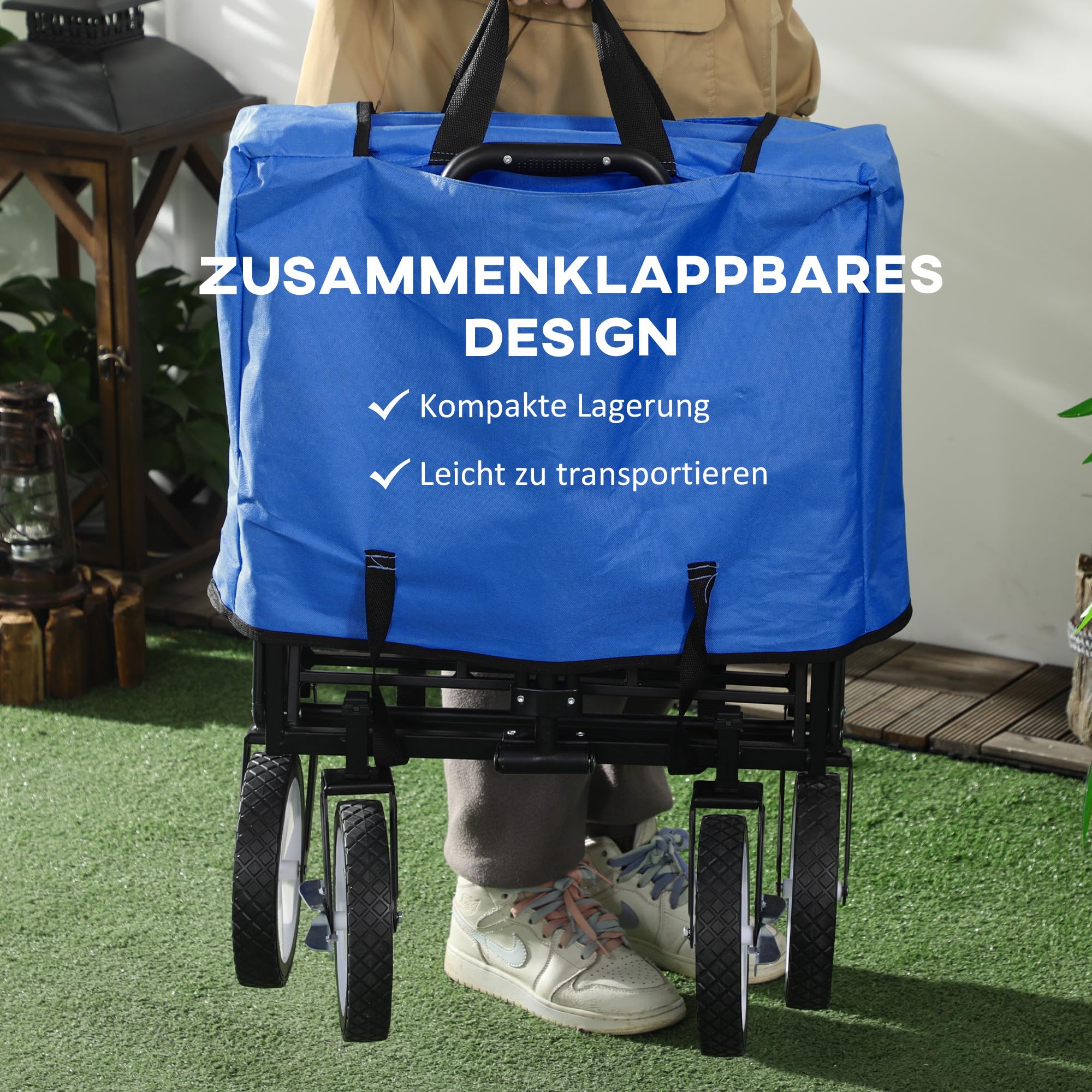 Carrello Da Campeggio Pieghevole Outsunny 90 L – Manico Regolabile, Ruote Con Freno, Per Esterni, Shopping E Pesca, Blu Navy