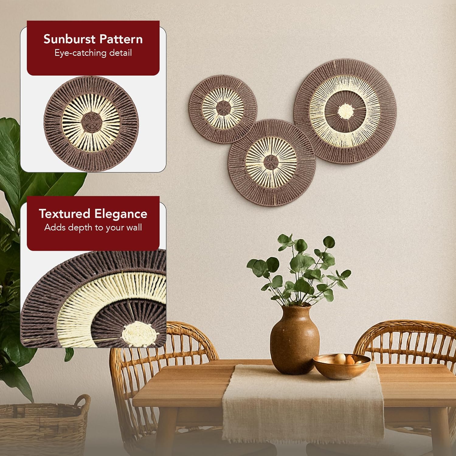 Round Paper Rope Wall Decor Set of 3, Natural/Brown - Boho Wall Art, Rustic Home Accent, Woven Hanging for Bedroom, Bathroom, Kitchen, Office, Coffee Bar, Above Couch, Farmhouse Basket Tapestry