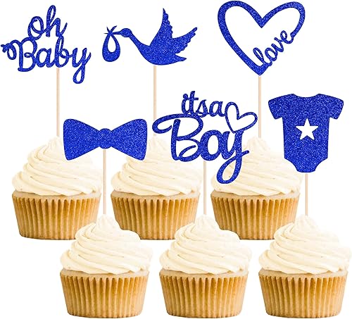 24 piezas Oh Baby Gold Blue de doble cara para cupcakes It's a Boy Cupcake Picks Heart Love Baby Shower Cake Decoraciones para niños suministros de
