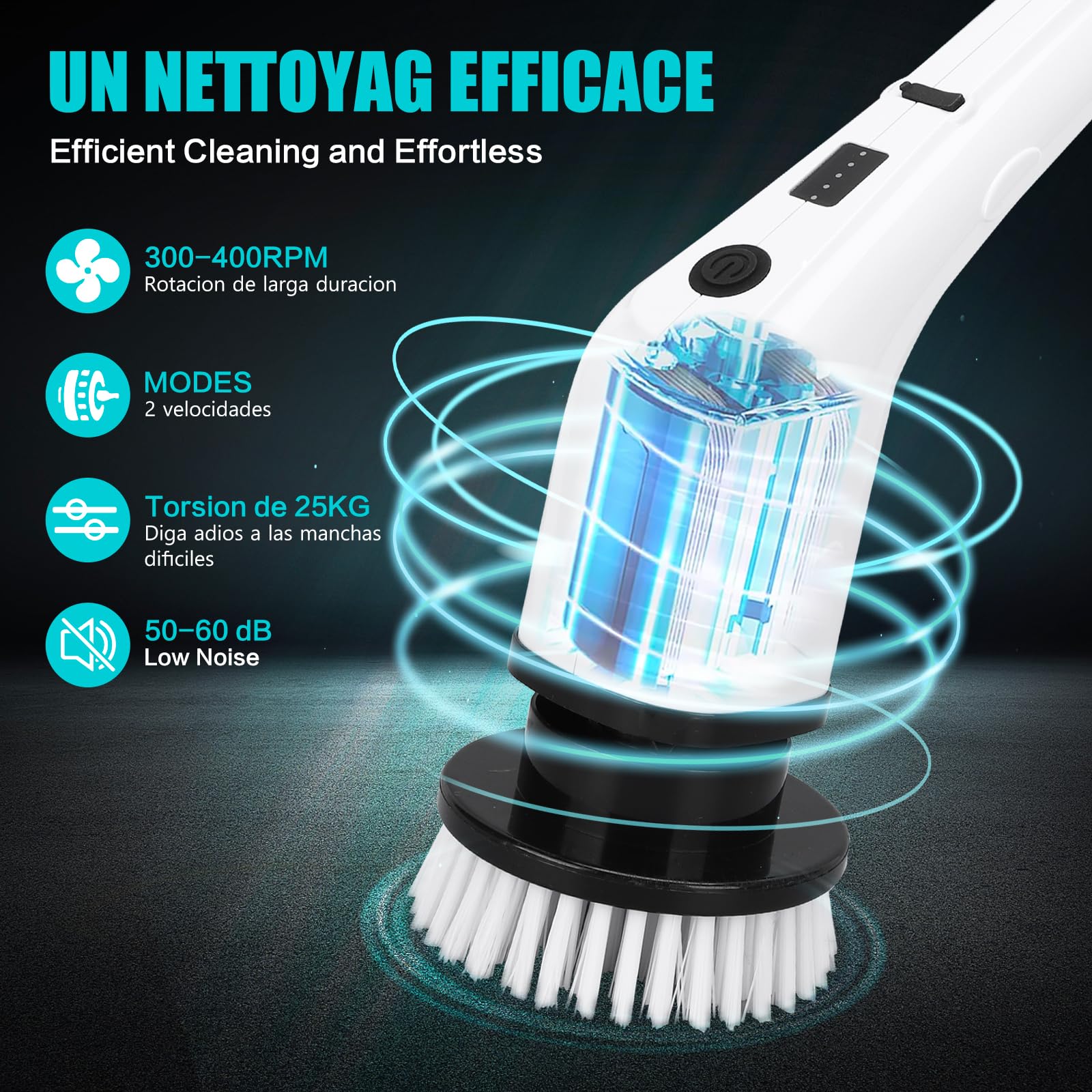Cepillo de limpieza eléctrico inalámbrico, cepillo de fregar de microfibra para pisos de madera dura, con cabezal de cepillo de acero inoxidable y cable de carga USB (blanco)