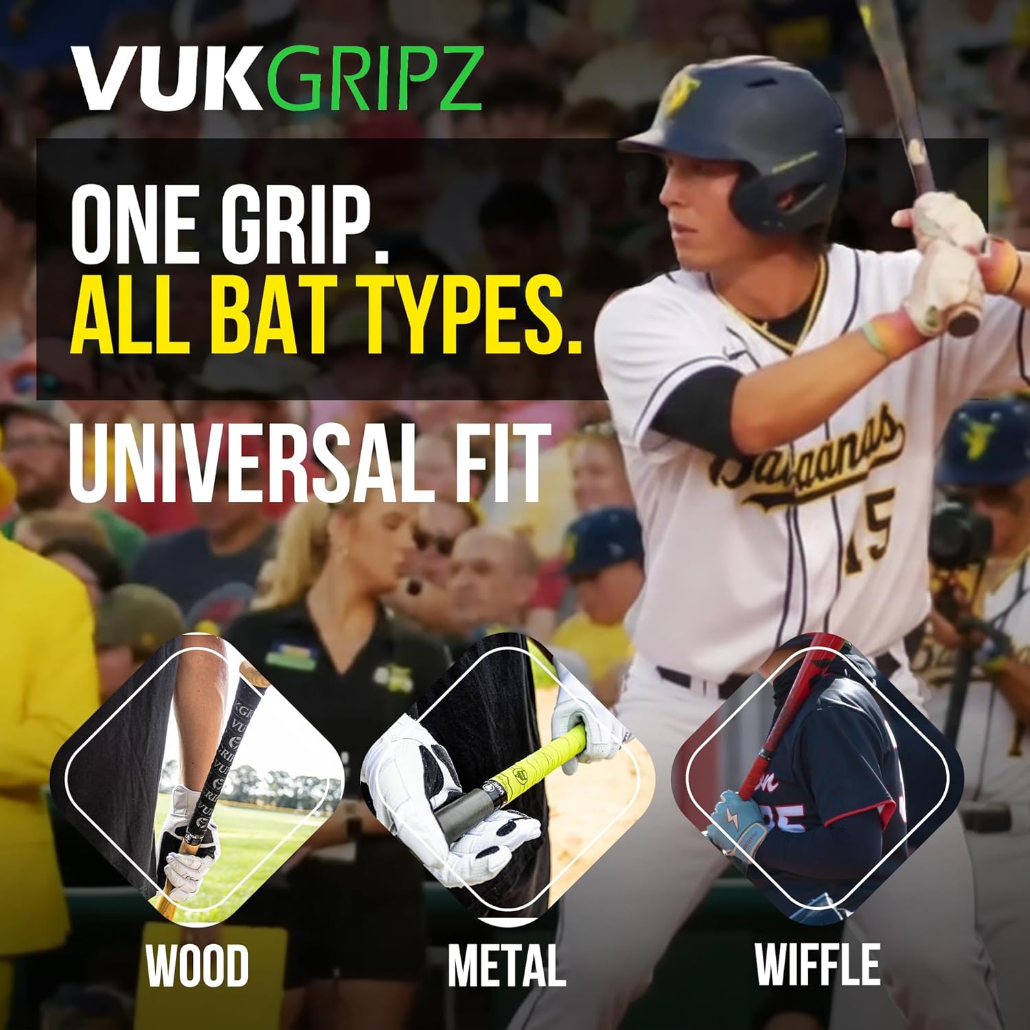 VukGripz Savannah Bananas Baseball Bat Grip Tape - Non-Sticky, Friction-Based Baseball Bat Tape Grip, Moisture-Wicking, Reusable, All-Weather Handle Wrap, Officially Licensed & Made in USA