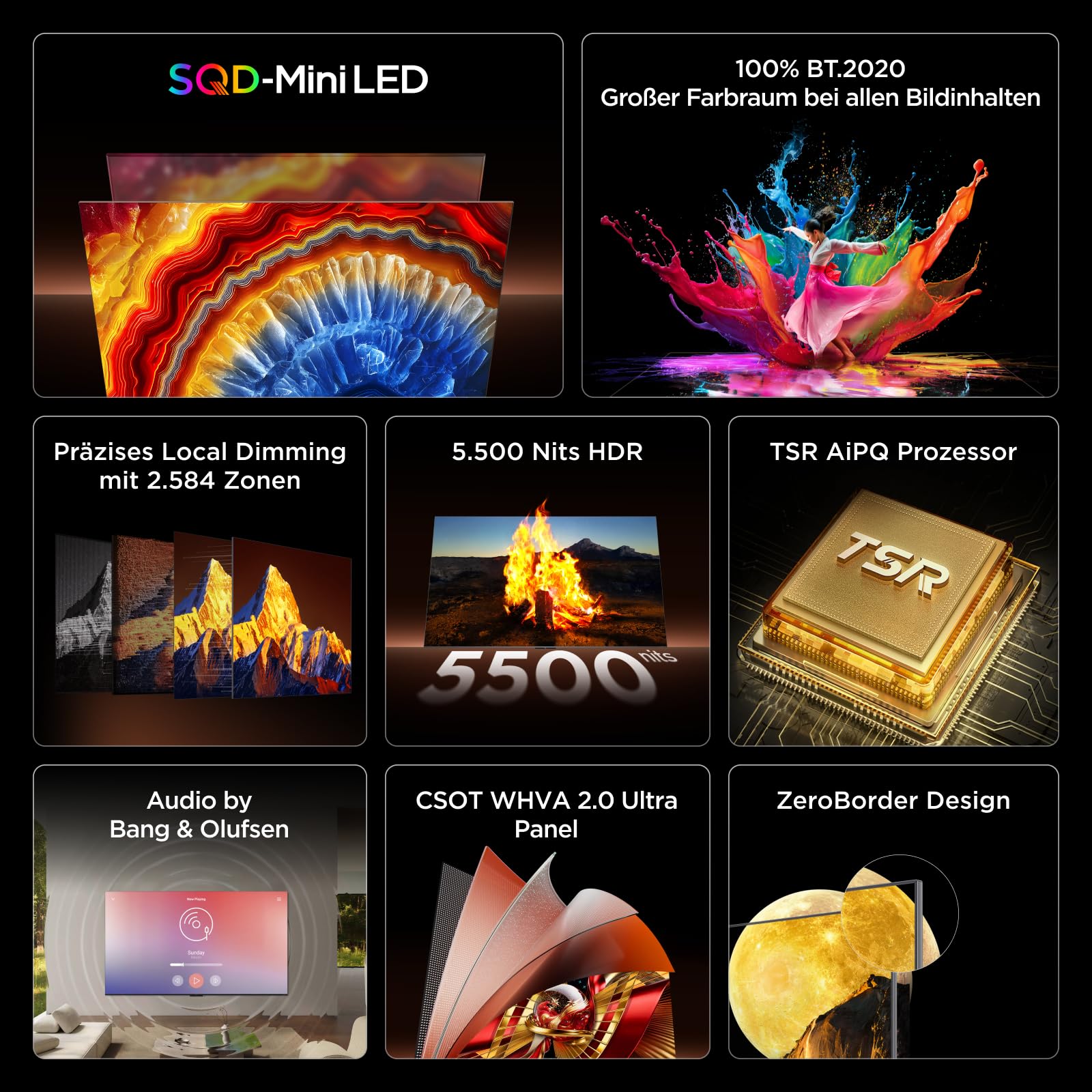 TCL 75C8L 75 Zoll SQD-Mini LED Google TV, 100% BT.2020, Super Quantum Dot, 5.500 Nits, 2.584 Local Dimming Zonen,144 Hz, Bang & Olufsen Sound, Dolby Vision & Atmos, Entspiegeltes Display, ZeroBorder