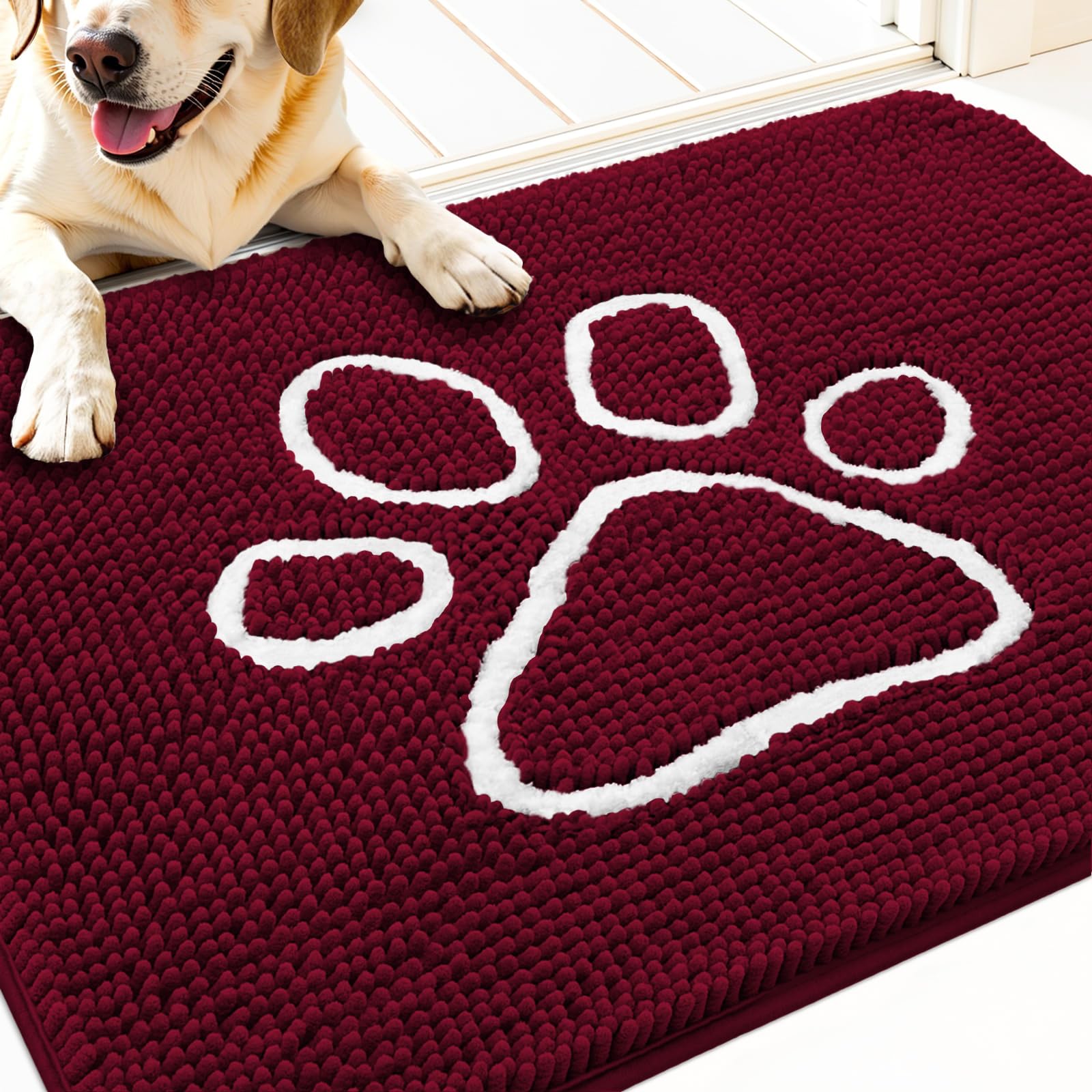 OLANLY Dog Door Mat for Muddy Paws 32x20, Paw Print Design Chenille Mud Mat