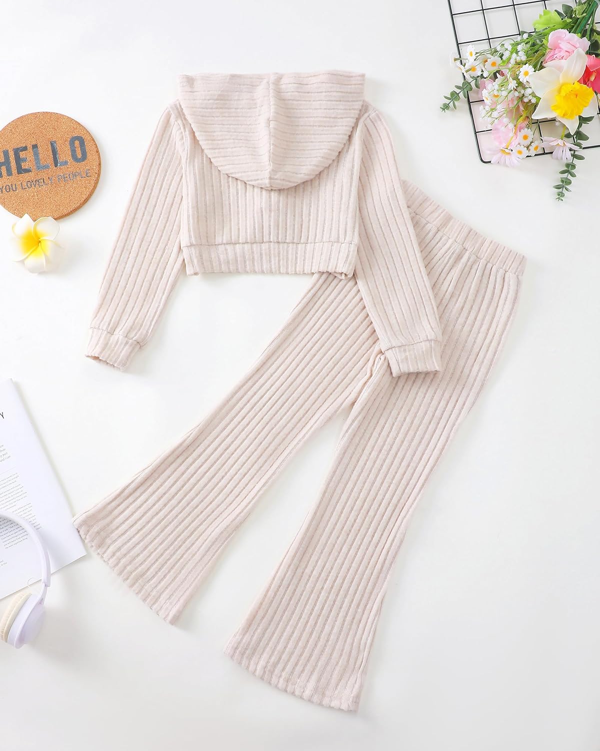 XUANHAO Girls Clothes Fall Winter Teen Outfits for Girl Rib Knit Twist Front Hoodie Flare Pants Sweatsuit Girls Clothing Set - Image 4