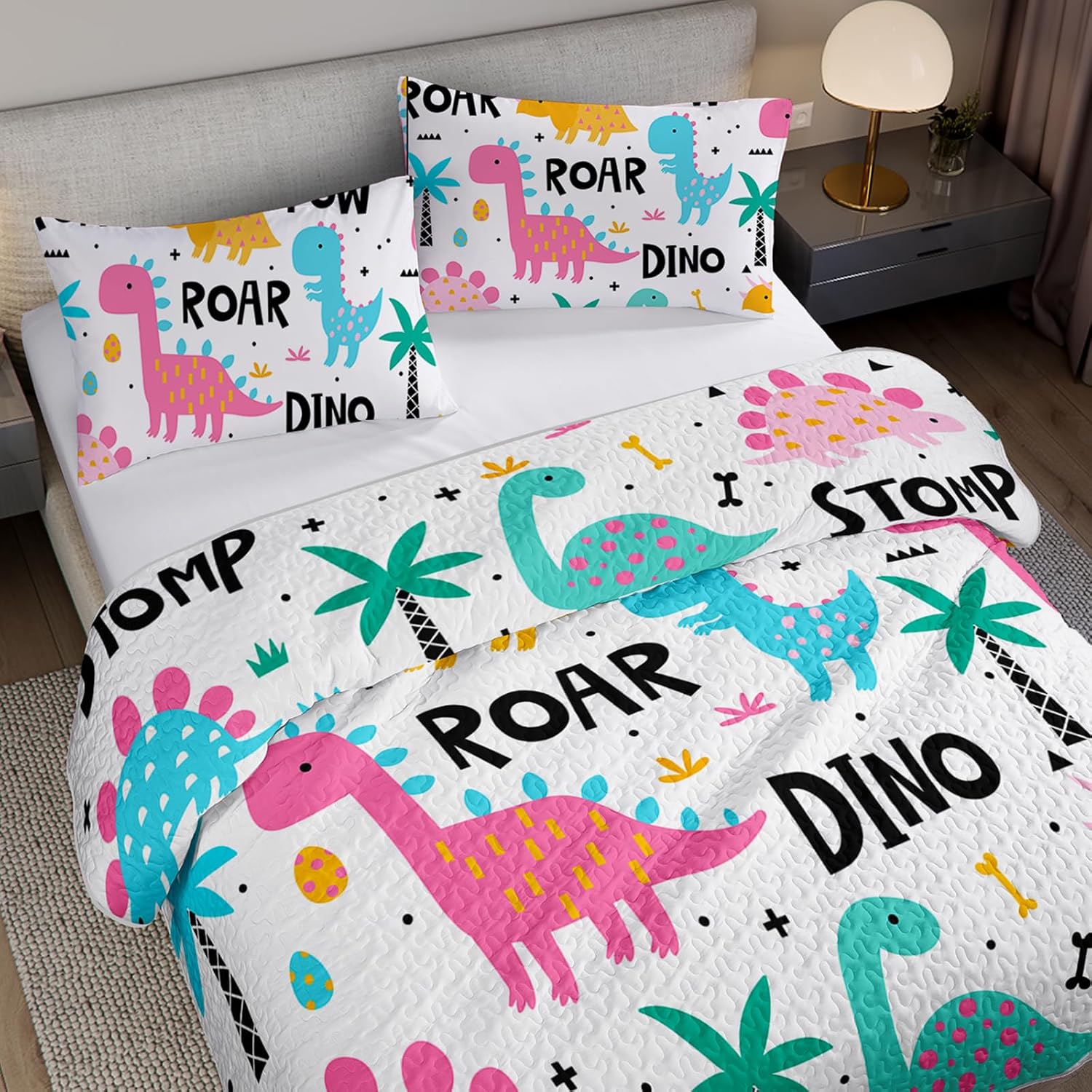 Axolotl Dinosaur Quilt Set Full Size for Girls Boys Kids,Cute Dinosaurs Quilt Bedding Set,Cartoon Design Bedspread,3 Pieces Soft Lightweight Coverlet with 2 Pillow Shams for All Seasons (78"x90")