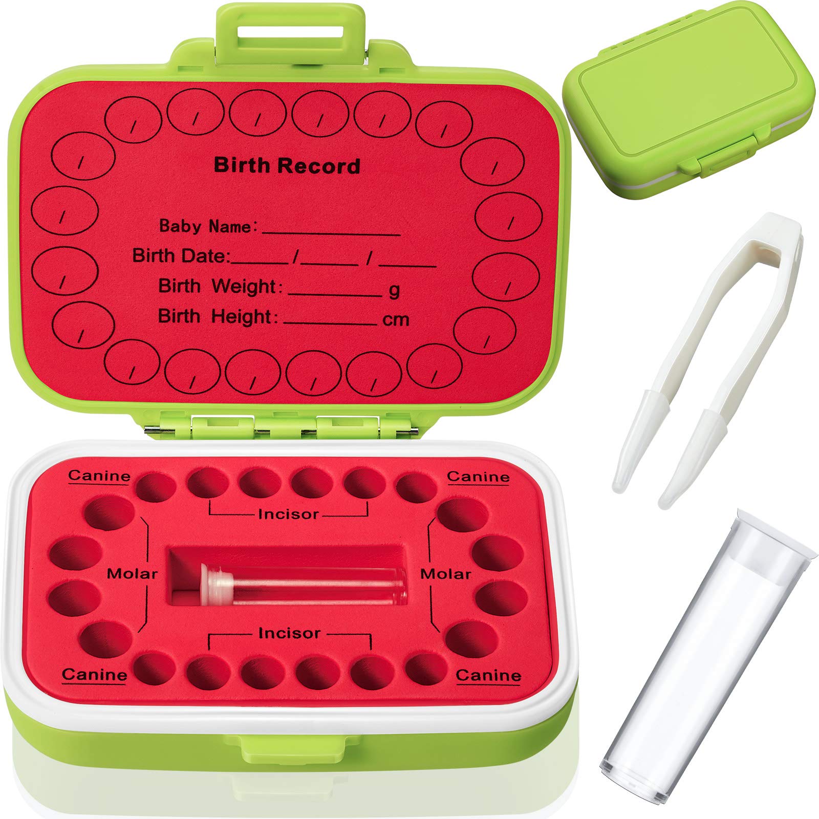 Baby Tooth Box Keepsake for Kids Teeth Storage Holder Child Teeth Organizer Tooth Fairy Box with Baby Fetal Hair Container and Tweezer for Keeping The Child Memory(Red-Green)-image-49