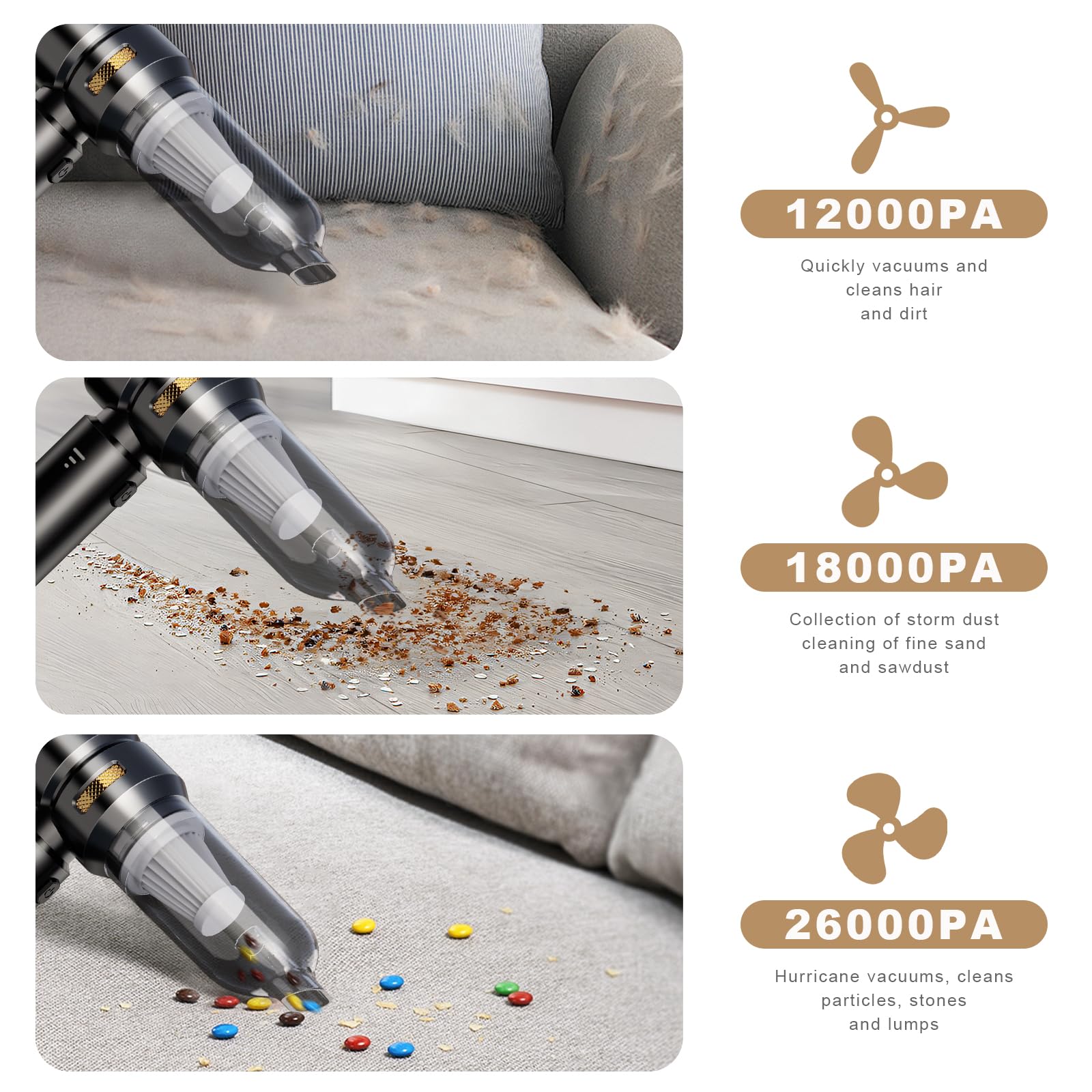 KITBEZN Aspirabriciole Senza Fili, 26000Pa Aspirapolvere Auto Portatile, 4 in 1 Mini Aspirapolvere Portatile Senza Fili con Ricarica Rapida, Aspirapolvere Potente per Auto Casa Ufficio, Nero