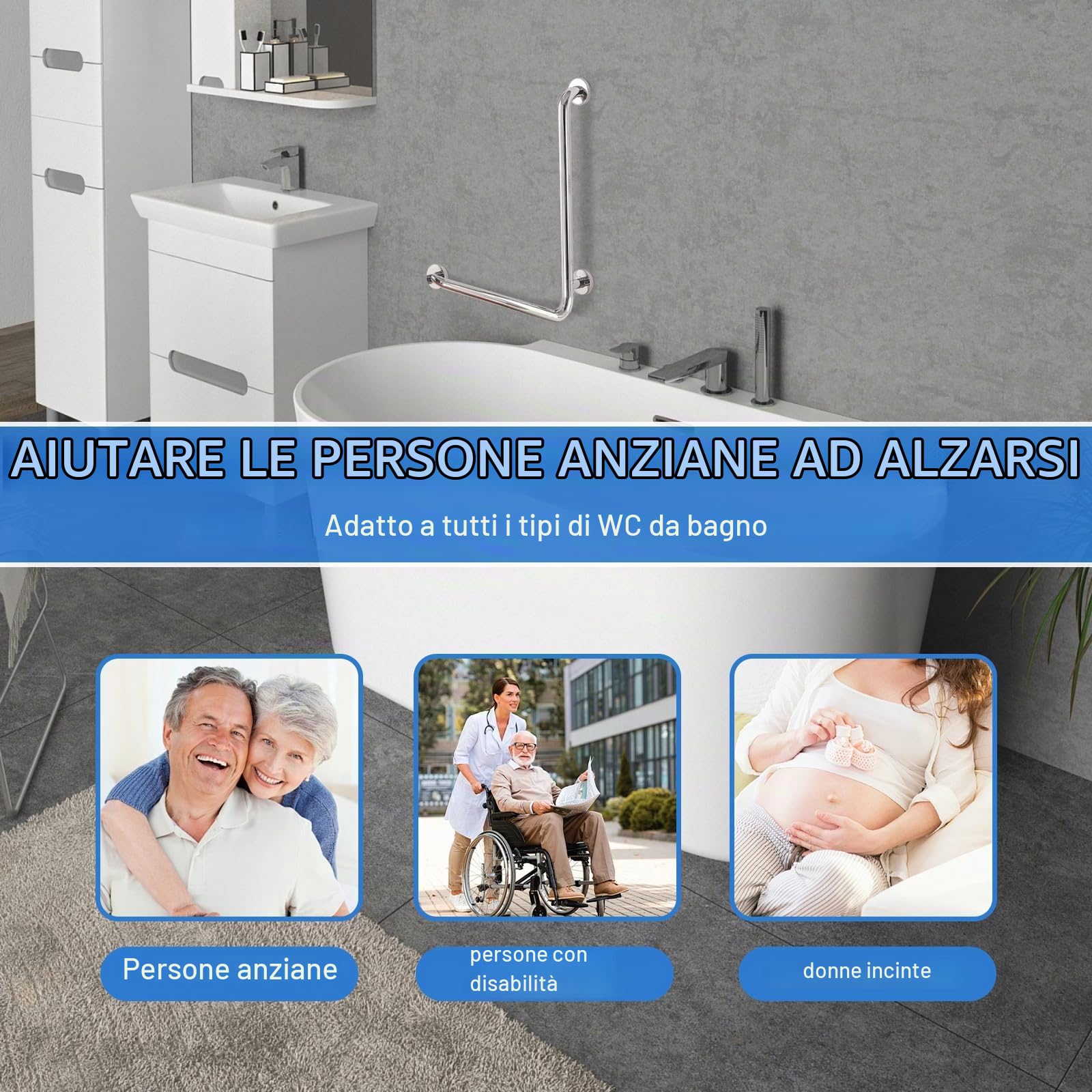 Maniglia di sicurezza da bagno, in acciaio inox lucido, 70 x 50 cm, a forma di L, per docce, angolo verticale, antiscivolo, per donne incinte, anziani e handicap (argento, sinistra)