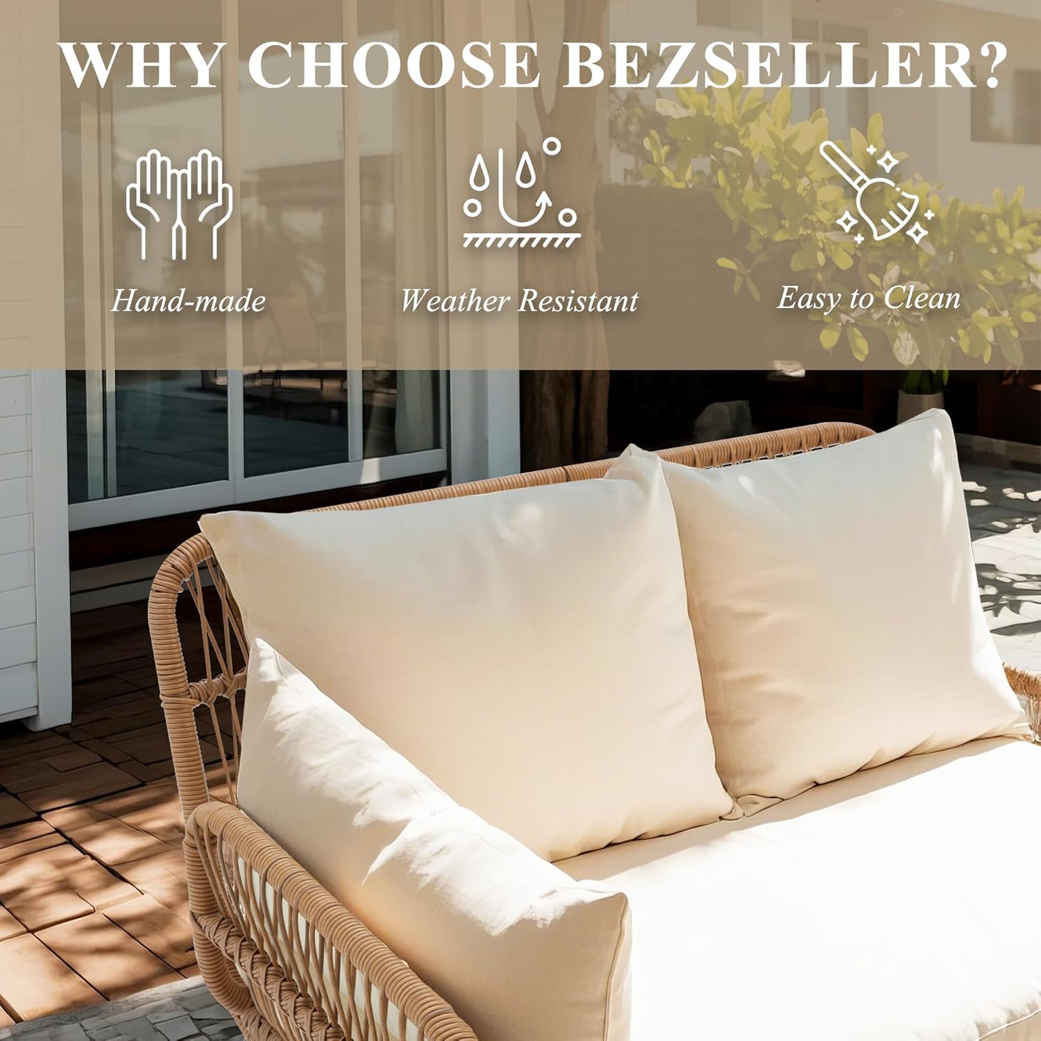 Bezseller 3-Piece Outdoor Patio Furniture Set, L-Shaped Rattan Sectional Sofa with Thick Cushions, Glass Coffee Table – All-Weather Conversation Set for Backyard, Porch, Poolside