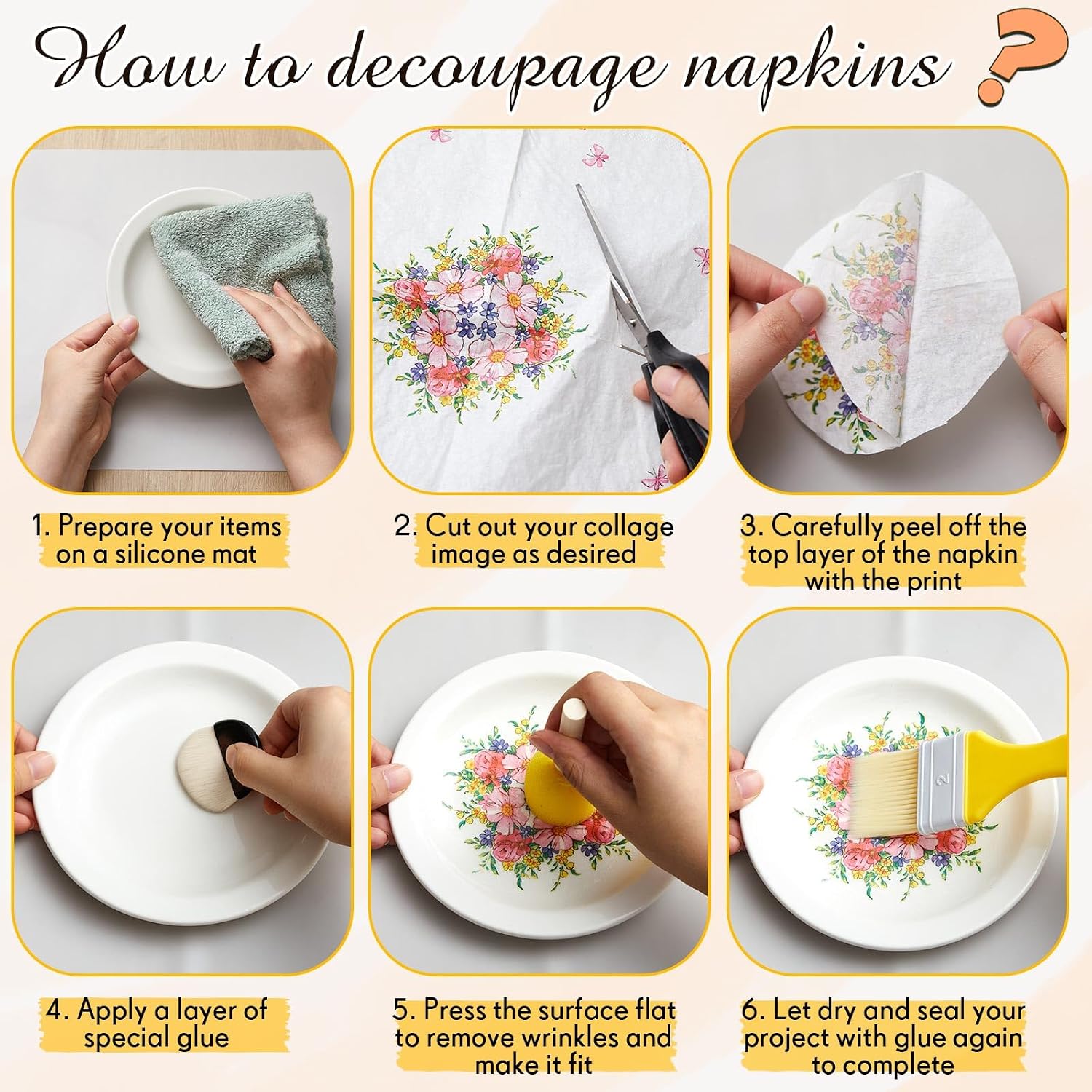 Crtiin 12 Pcs Essential Decoupage Tool Set, Include 5 Decoupage Brushes, 3 Foam Brush, 1 Rubber Roller, 1 Semi Circular Brush, Scraper, Silicone Table Mat, for DIY Arts and Crafts Projects