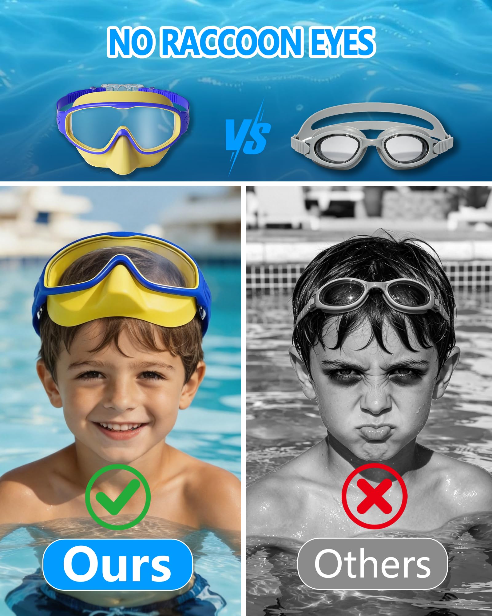 Occhialini da nuoto per bambini dai 3 ai 15 anni, con tappi per le orecchie, montatura grande, anti-appannamento/UV, con naselli, occhialini da nuoto per ragazzi e ragazze, 2 pezzi (blu