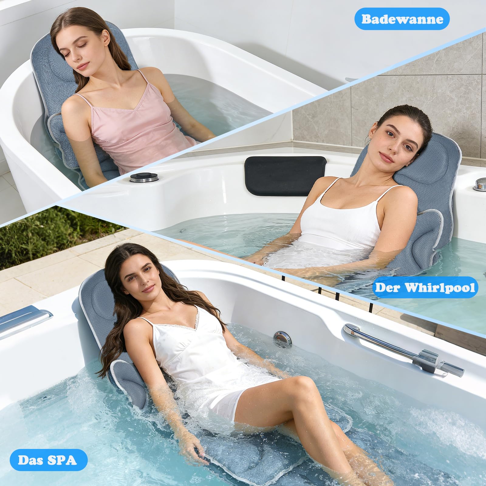 2 In 1 Badewannenkissen Ganzkörper 139 * 45cm+69 * 45cm,Mit Abnehmbares Kinderbadekissen,Mit Saugnäpfebad Anti-Rutsch,Unterstützt Nacken,Rücken,Beine,Badewannenmatte Mit Kissen Für Home Spa