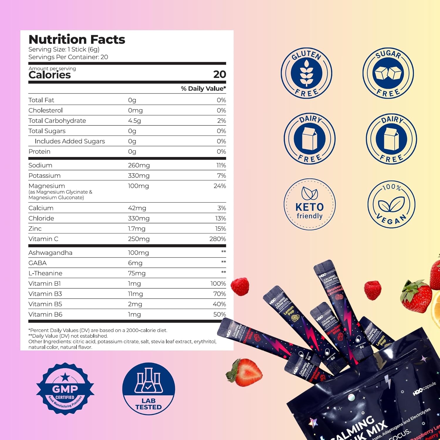 Calm Magnesium Glycinate Powdered Drink Mix with Electrolytes – Sugar Free with Ashwagandha, L-Theanine, Vitamin B 6&GABA – Cortisol Support, Stress Relief, Hydration & Focus - 20 servings (Raspberry) - Image 6