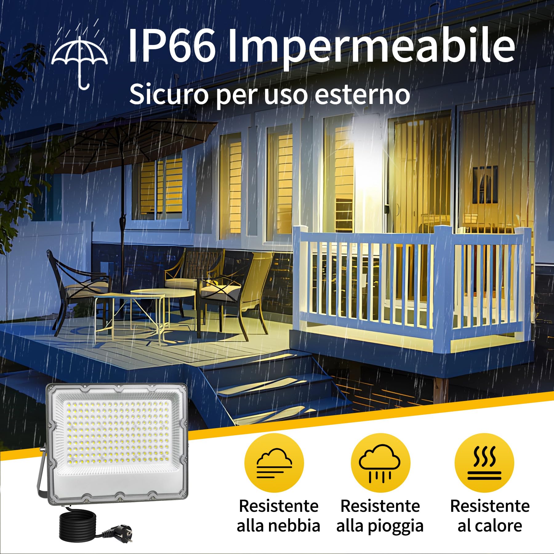 Faretto LED da Esterno 200W, IP66 Impermeabile Luce Bianca Fredda 6500K Faro LED Con Spina Schuko,20000 Lumen,220-240V AC 50Hz