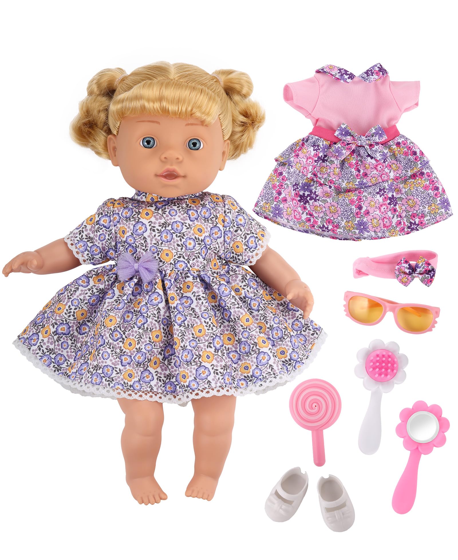 GAGAKU 13 Inch Baby Doll with Hair,Girl Baby Dolls for Toddlers 1-3 Accessories Toy Set with Golden Hair,2 Sets Clothes,Shoes, Hairband,Glasses,Mirror,Comb,Lollipop Baby Girl Playset