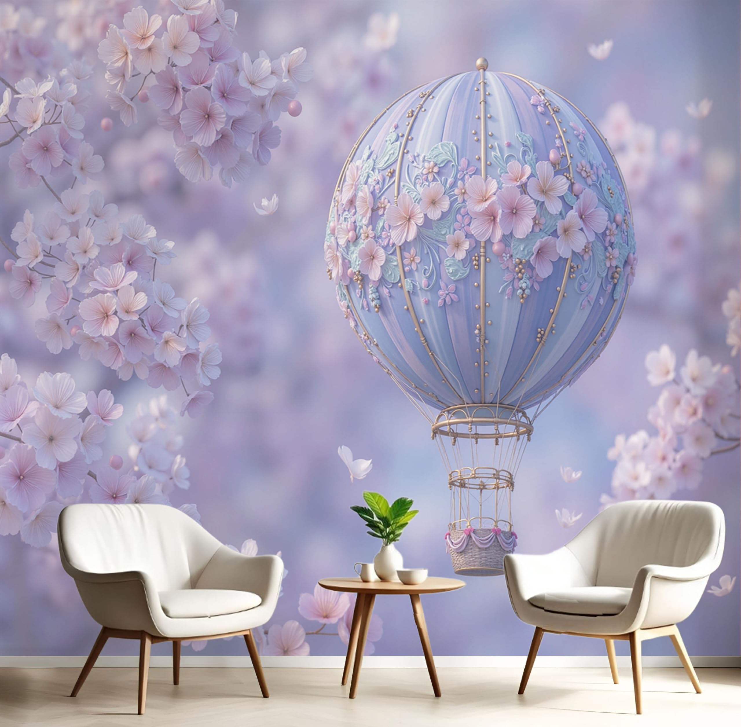 Papier Peint Panoramique Montgolfière Sakura, 250X175Cm (Lxh), Tapisserie Poster Geant Mural Rose Blush, Personnalisé 3D Pour Salon Chambre D'Enfants Décoration Murale Paysage De Rêve