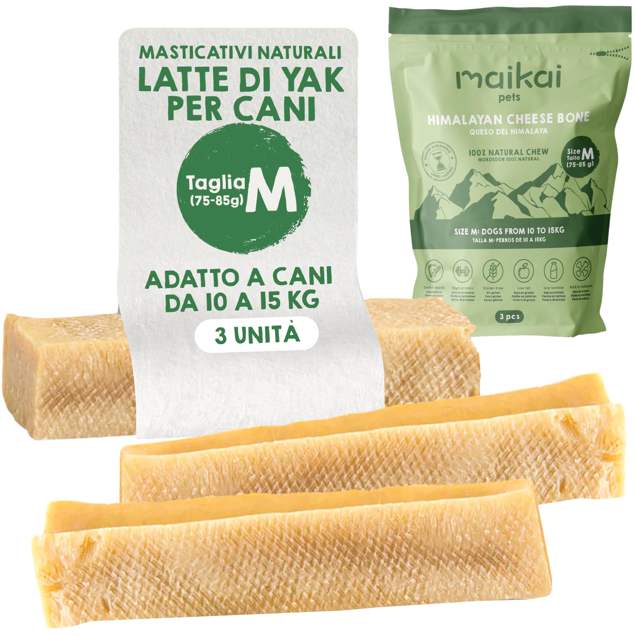Latte di Yak per Cani Medi Taglia M Lunga Durata Masticativi Naturali Ossa per Cani da Masticare Confezione da 3 – Formaggio dell´Himalaya Puro per la Salute Dentale 10-15kg - Regali per Cani