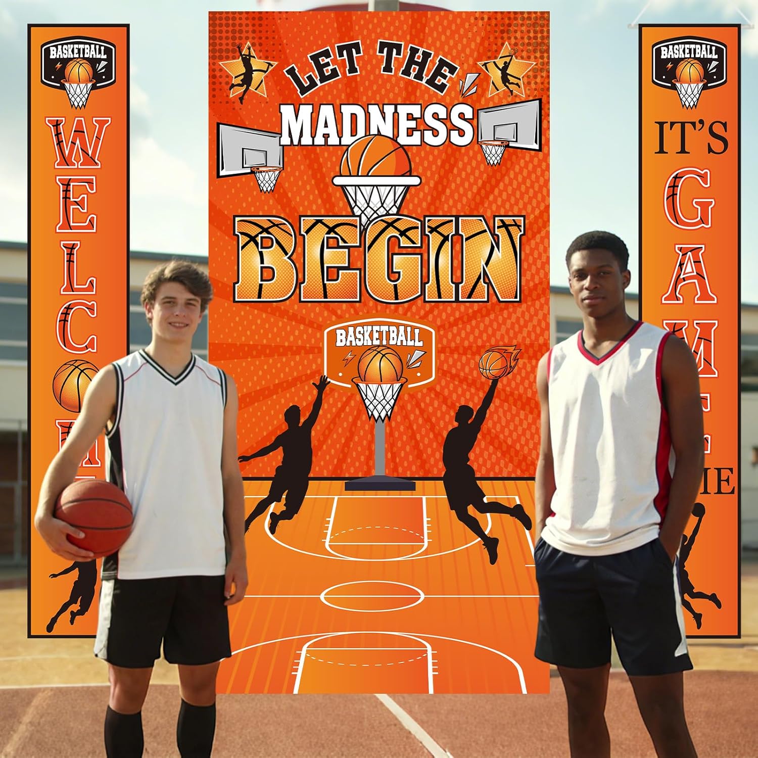 March Basketball Party Decorations Door Banners 3Pcs LET THE MADNESS BEGIN Cover Hanging Welcome It's Game Time Large Size Porch Sign Banners March Ball College Games Sport Theme Door Decor Supplies