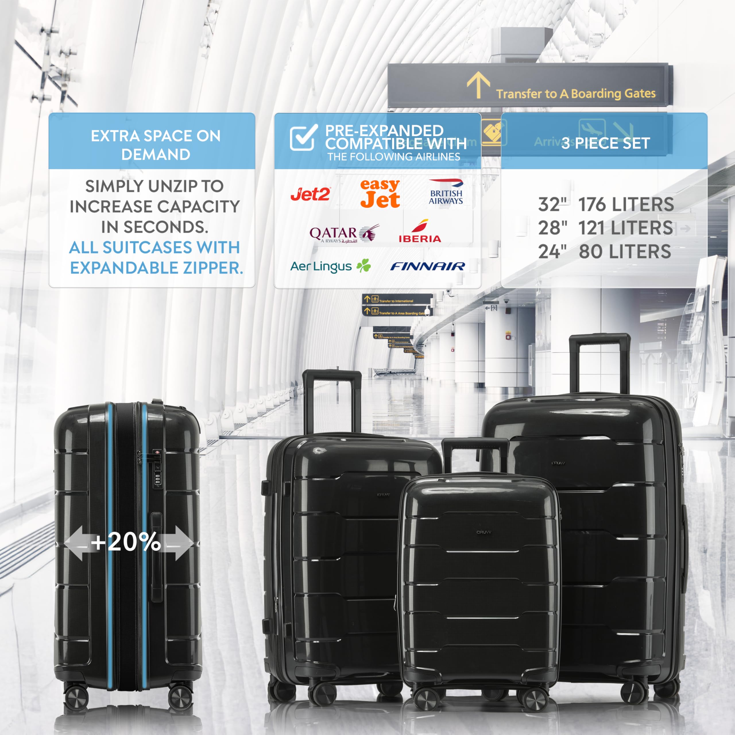 CRUW 3-Piece Luggage Set Expandable Polypropylene Suitcase Set TSA Locks 8 Silent Spinner Wheels Lightweight Nested Suitcases Travel Set easyJet British Airways Jet2 Airline-Approved Carry-On Black