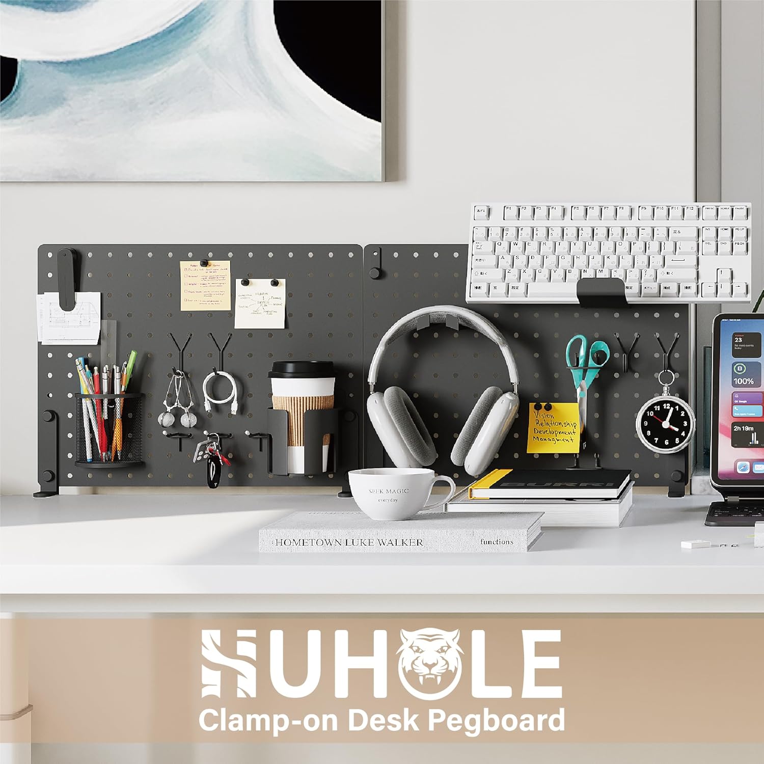 HUHOLE Clamp On Desk Pegboard 32" x 12" (Complete Kit)-No Drill Metal Desktop Privacy Panel & Organizer with Accessories-Vertical Storage Divider for Home Office, Gaming Setup-Black