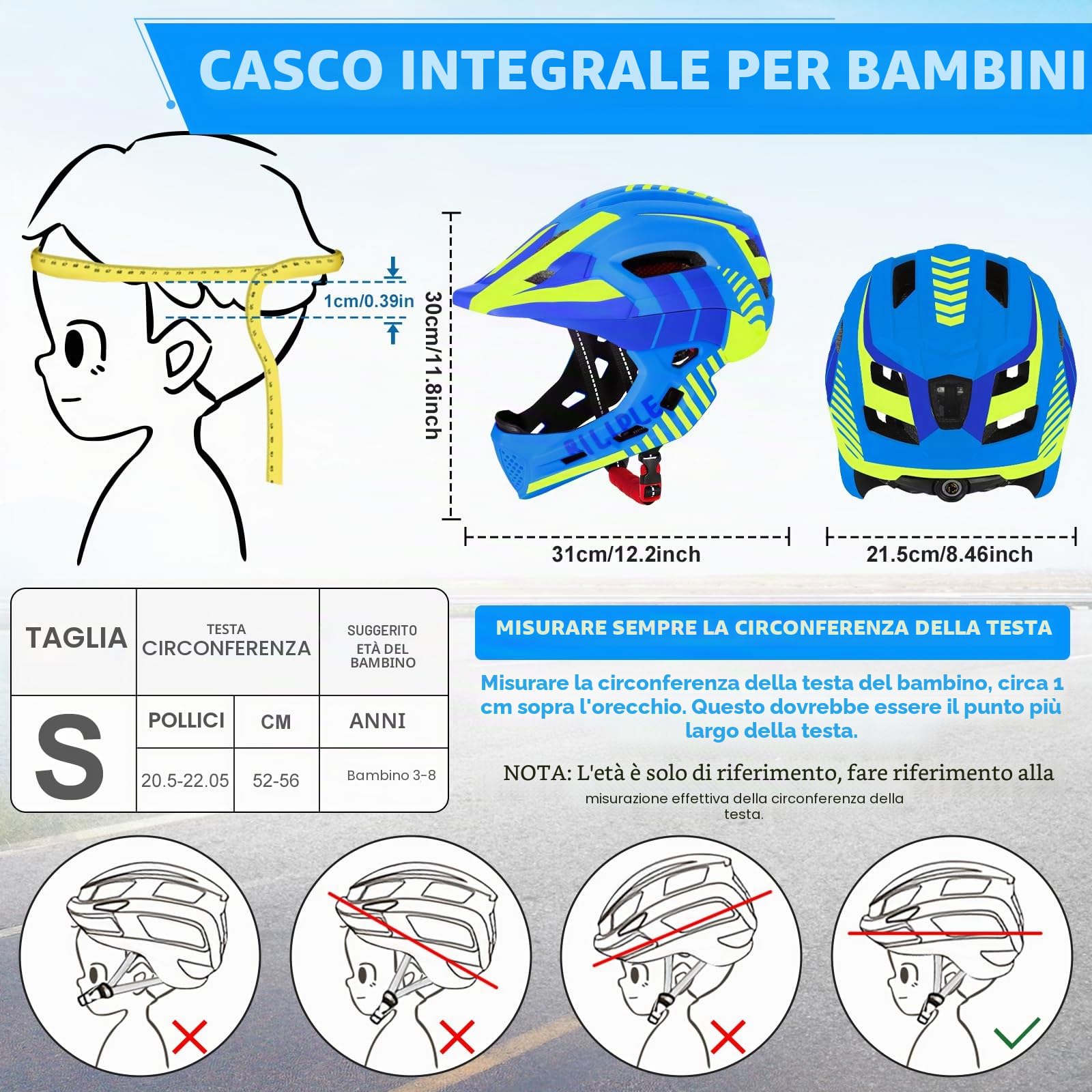 Casco da Bicicletta per Bambini, Caschi di Guida per Bimbo con Mentoniera Staccabile, Casco Integrale per Bambini e Adolescenti, Unisex 52-56 cm, per Balance Bike Scooter Roller Skates