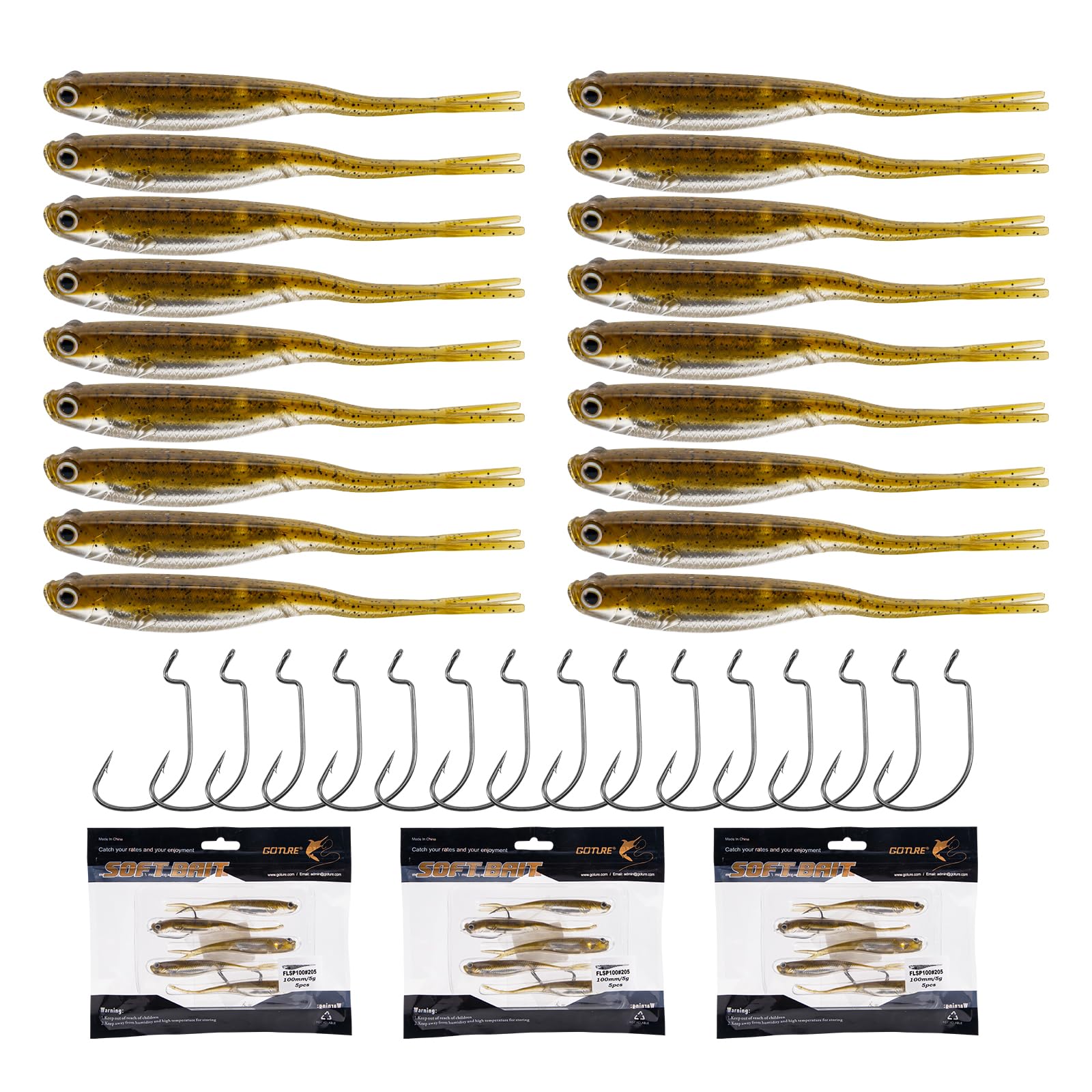 Goture Soft Plastic Baits with Worm Hooks Kit, Straight/Paddle/Fork Tail Swimbaits, Soft Jerk Shad Baits Jerkbait Minnow Baits for Bass Trout, Fishing Drop Shot Shad Lures