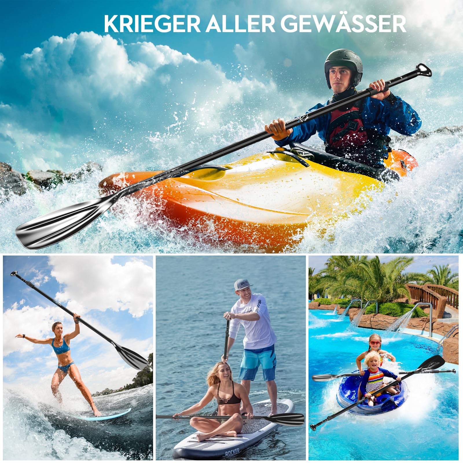 FOWAWU Halbcarbon- / Carbon-SUP-Paddel – 3-teiliges verstellbares Paddel für Stand-up-Paddleboards – Leichtes & schwimmendes Ruder für SUP-Bretter