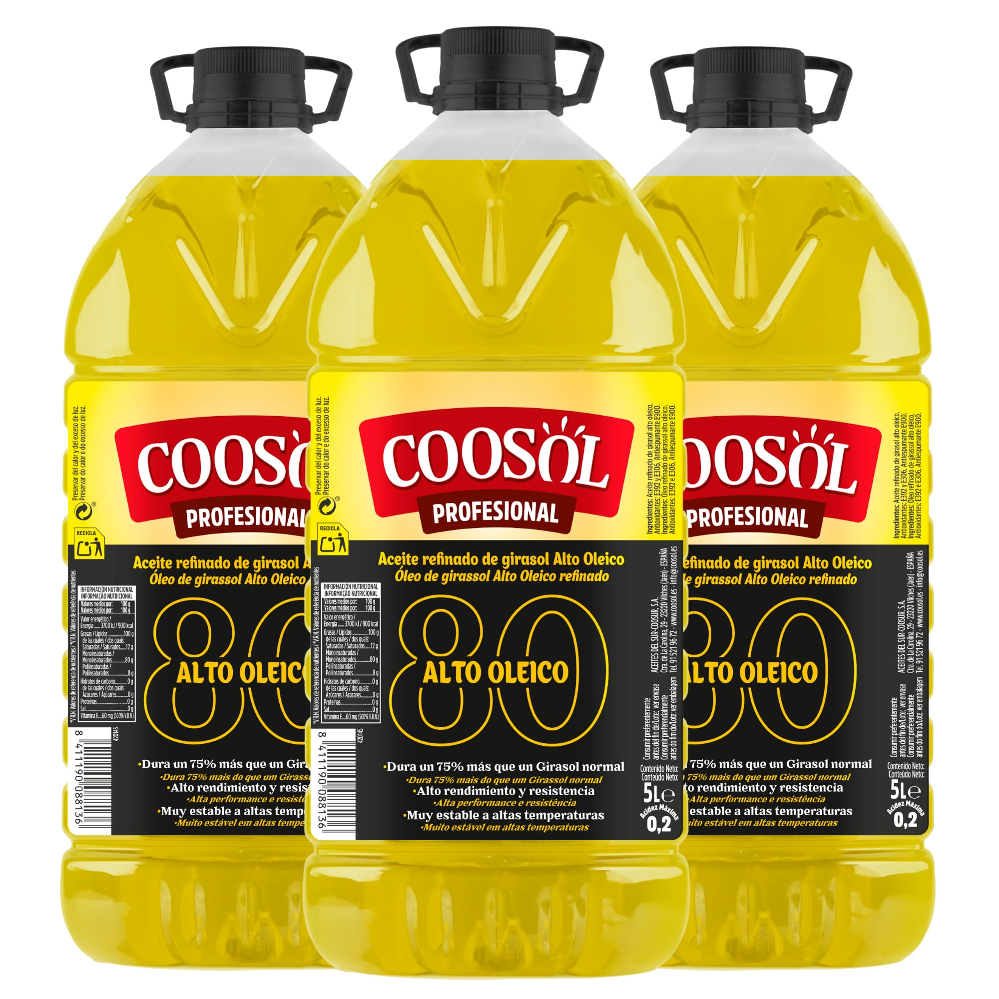 Pack Aceite de Girasol Alto Oleico 80% 3x5 L. Mayor Durabilidad y Ahorro por Uso. Menos Desgaste y Mayor Vida Útil en Frituras. Vitamina E y Antioxidantes. Coosol Profesional.
