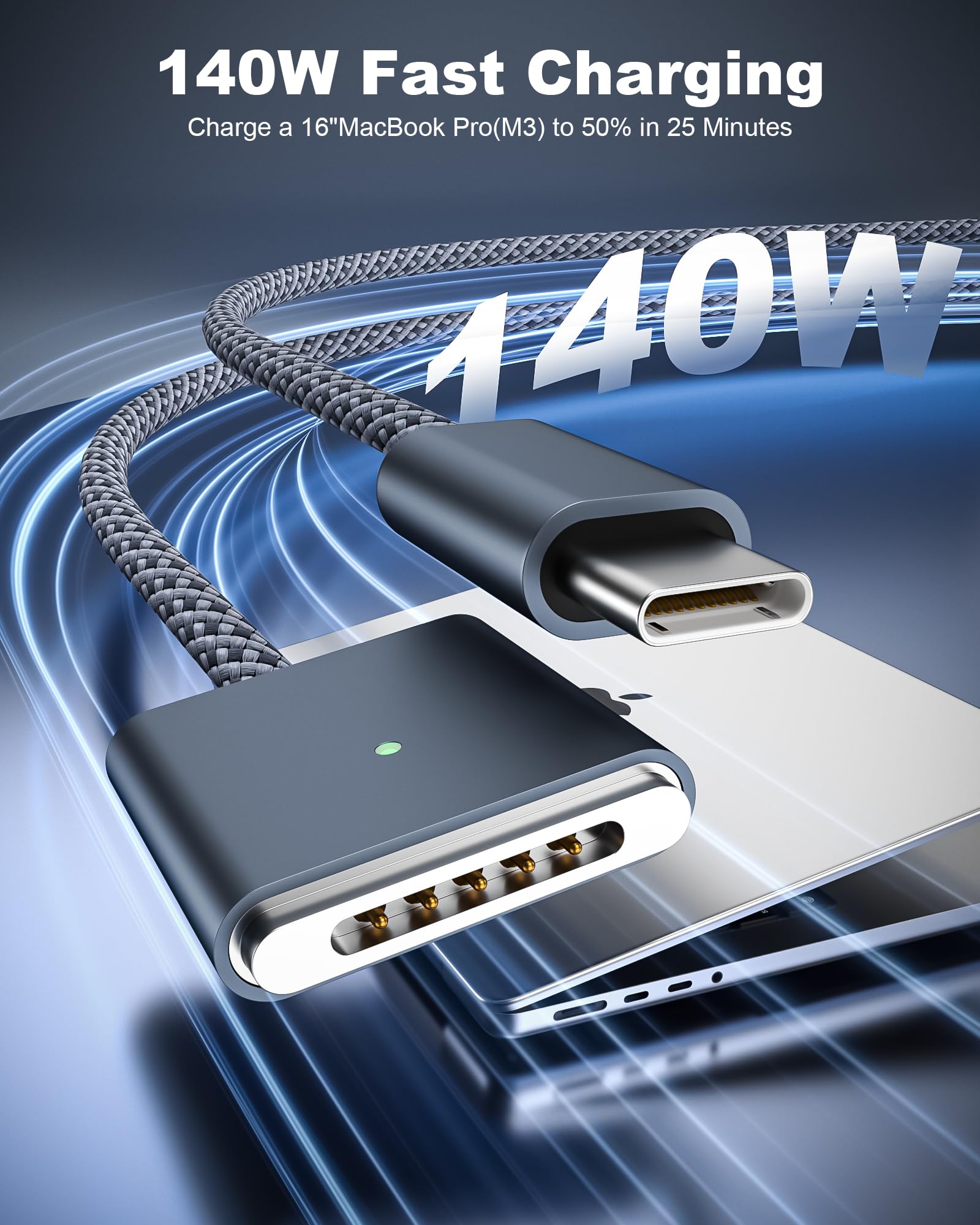 FOXSEA Cavo da USB-C a magnetico 3 da 140 W, compatibile con MagSafe 3 per MacBook Pro 14" 16" e Air 13" 15" M4 M3 M2 2021-2025 Cavo di ricarica rapida bianco